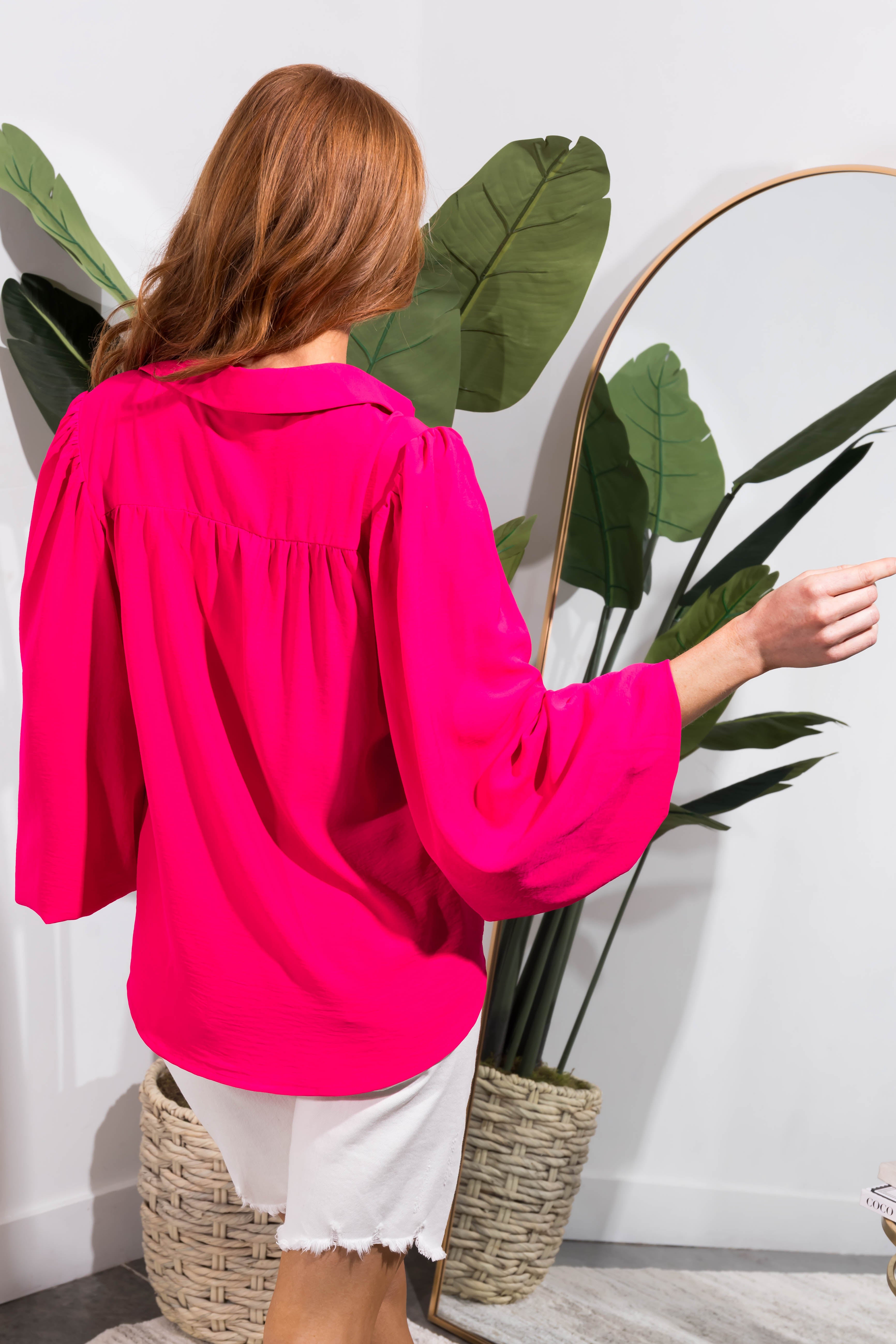 Flying Tomato Hot Pink Bubble Sleeve Button Blouse