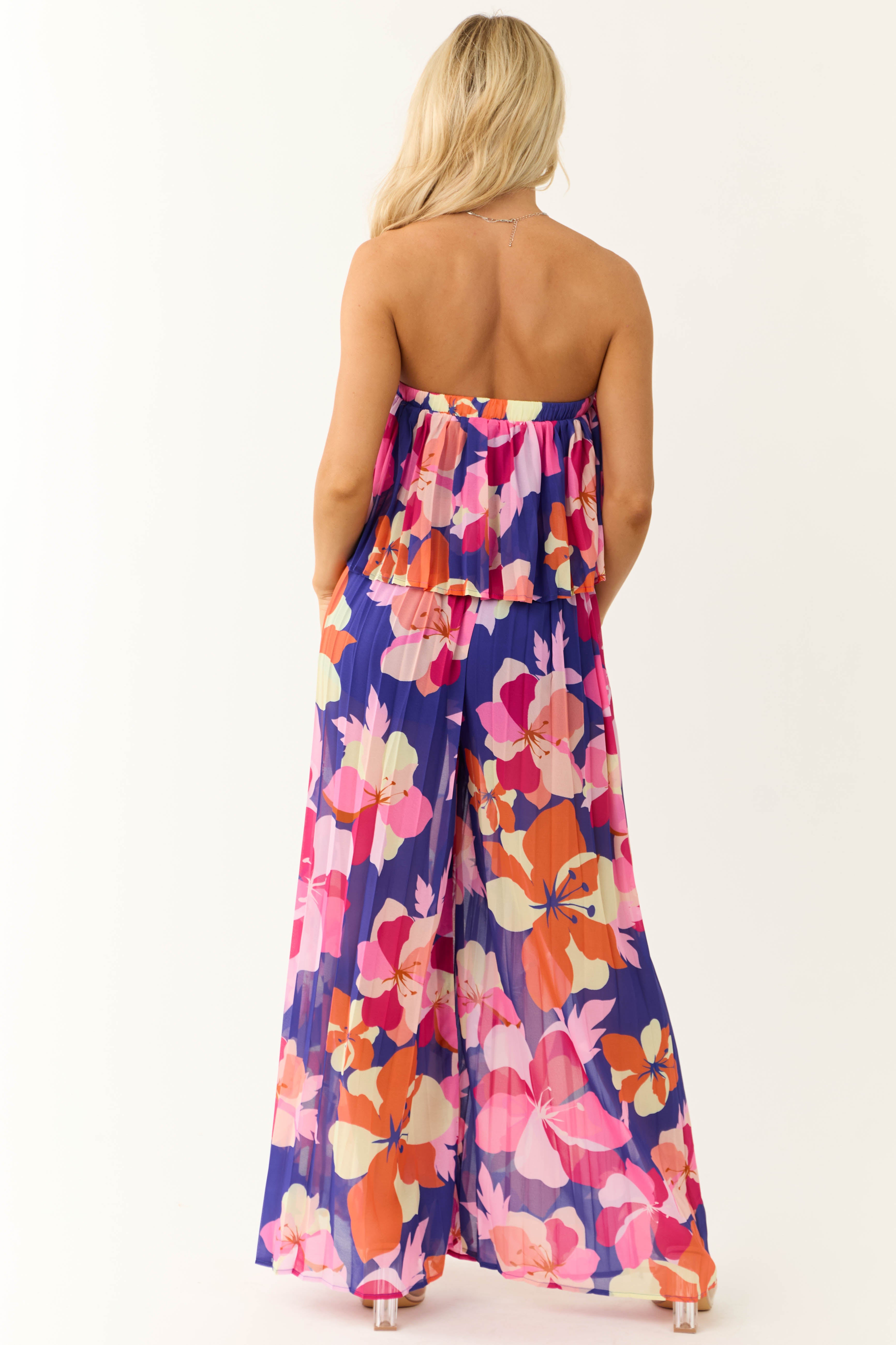 Flying Tomato Indigo Floral Print Strapless Jumpsuit Lime Lush Boutique