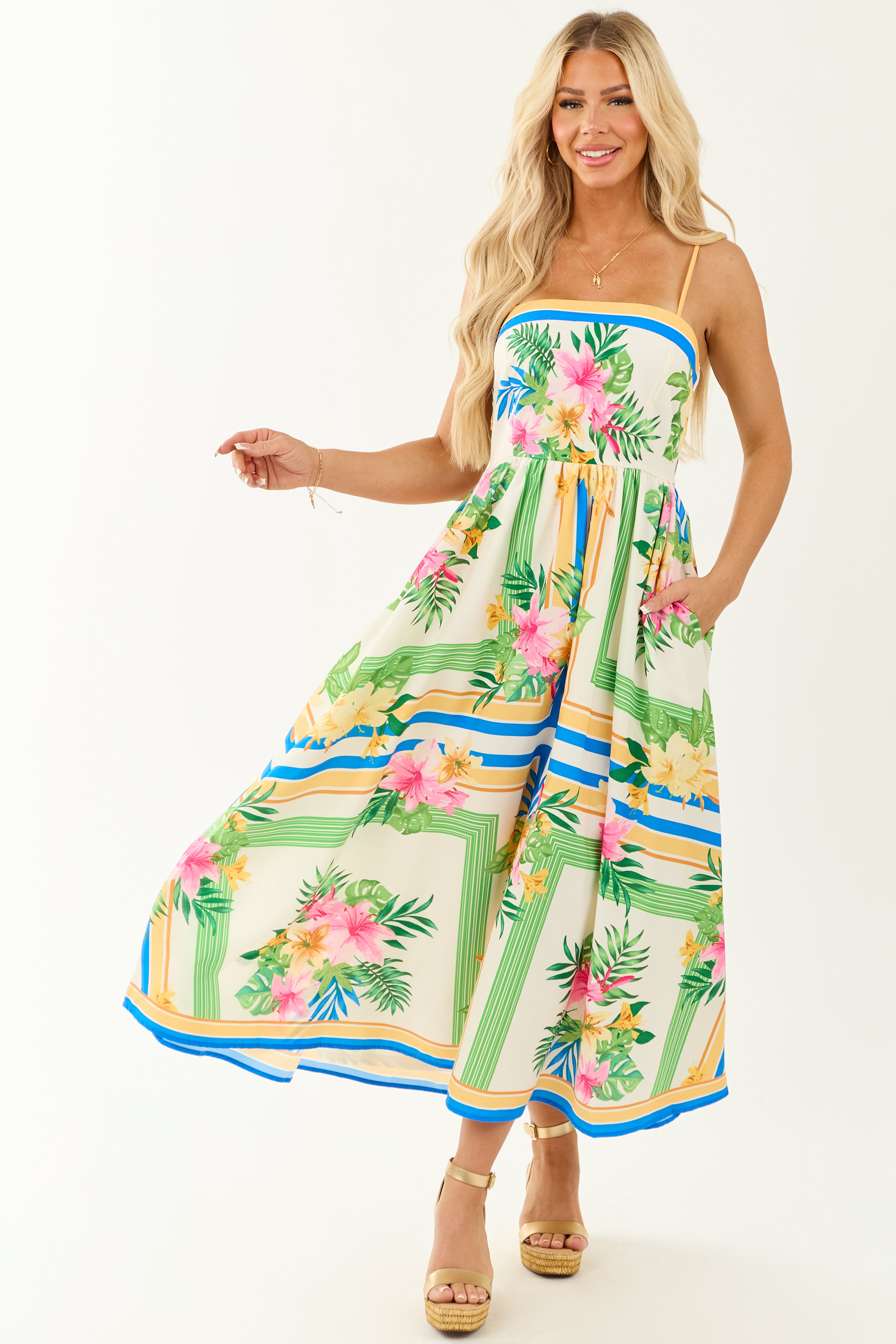 Flying Tomato Ivory Abstract Floral Print Maxi Dress