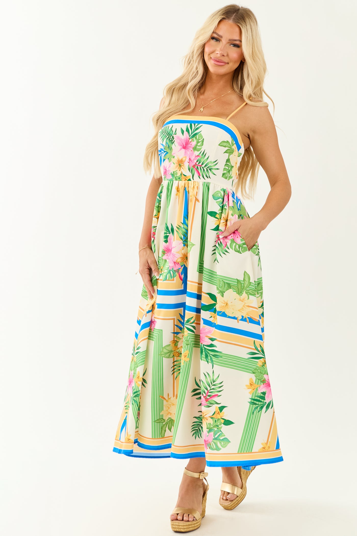 Flying Tomato Ivory Abstract Floral Print Maxi Dress