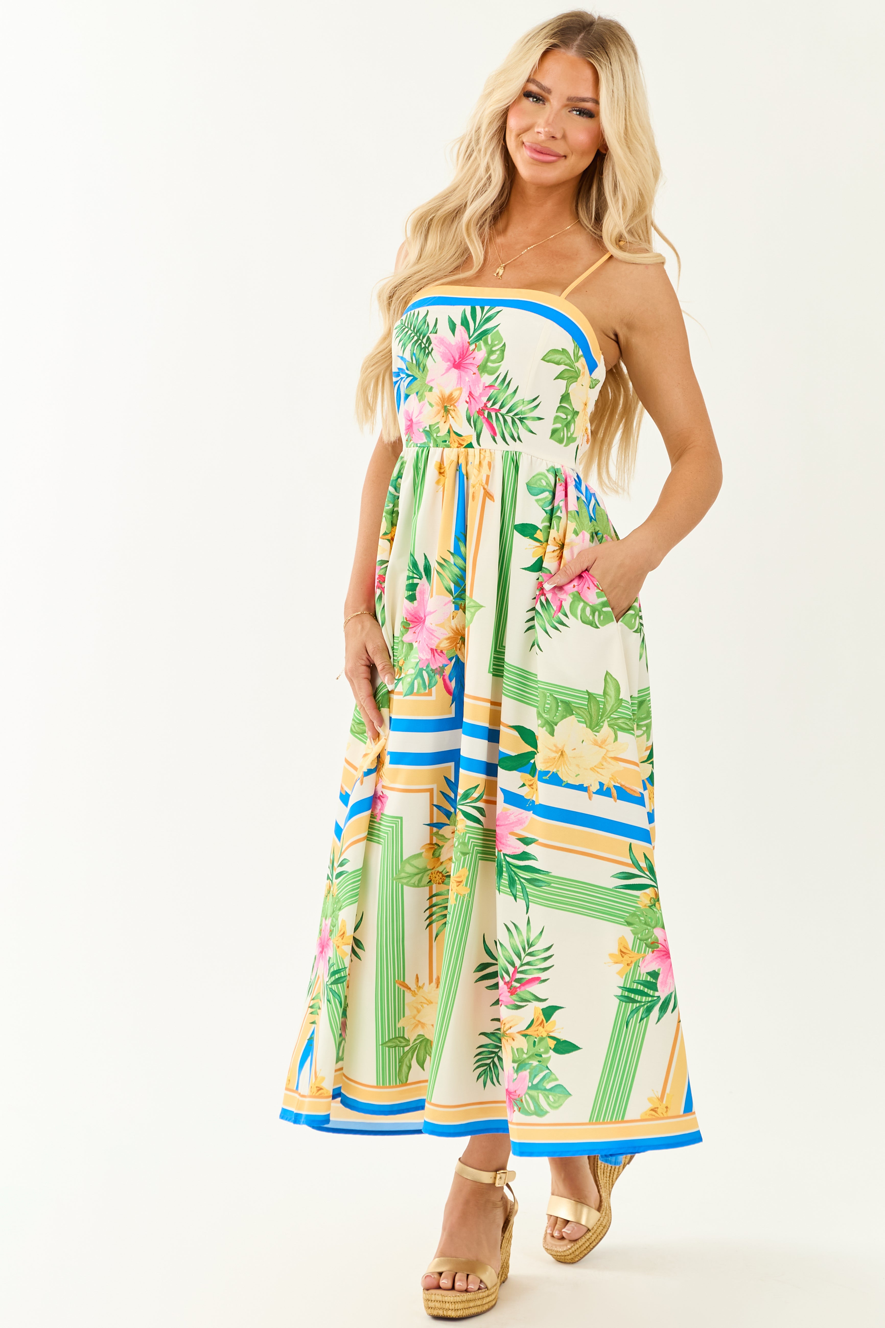 Flying Tomato Ivory Abstract Floral Print Maxi Dress