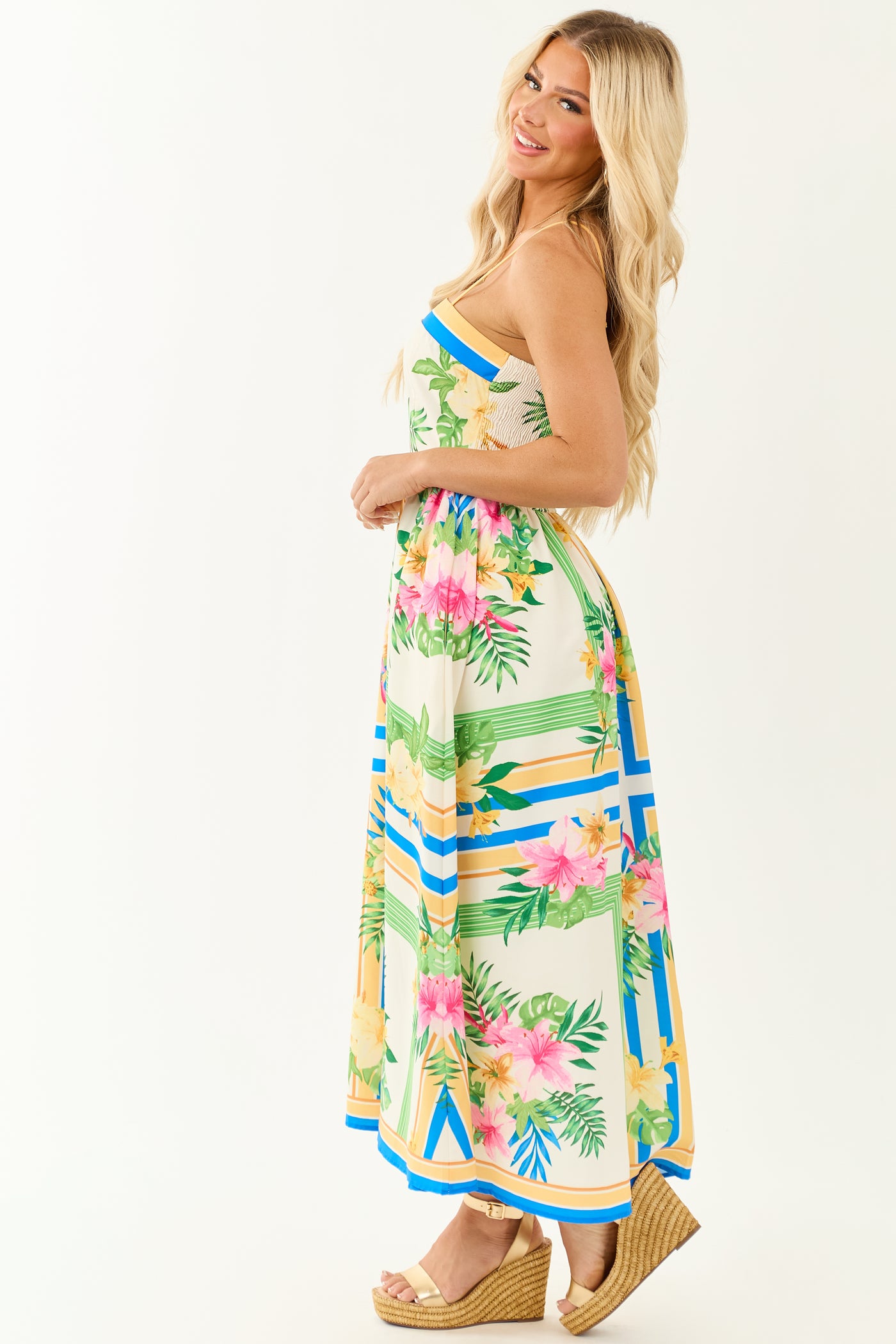 Flying Tomato Ivory Abstract Floral Print Maxi Dress