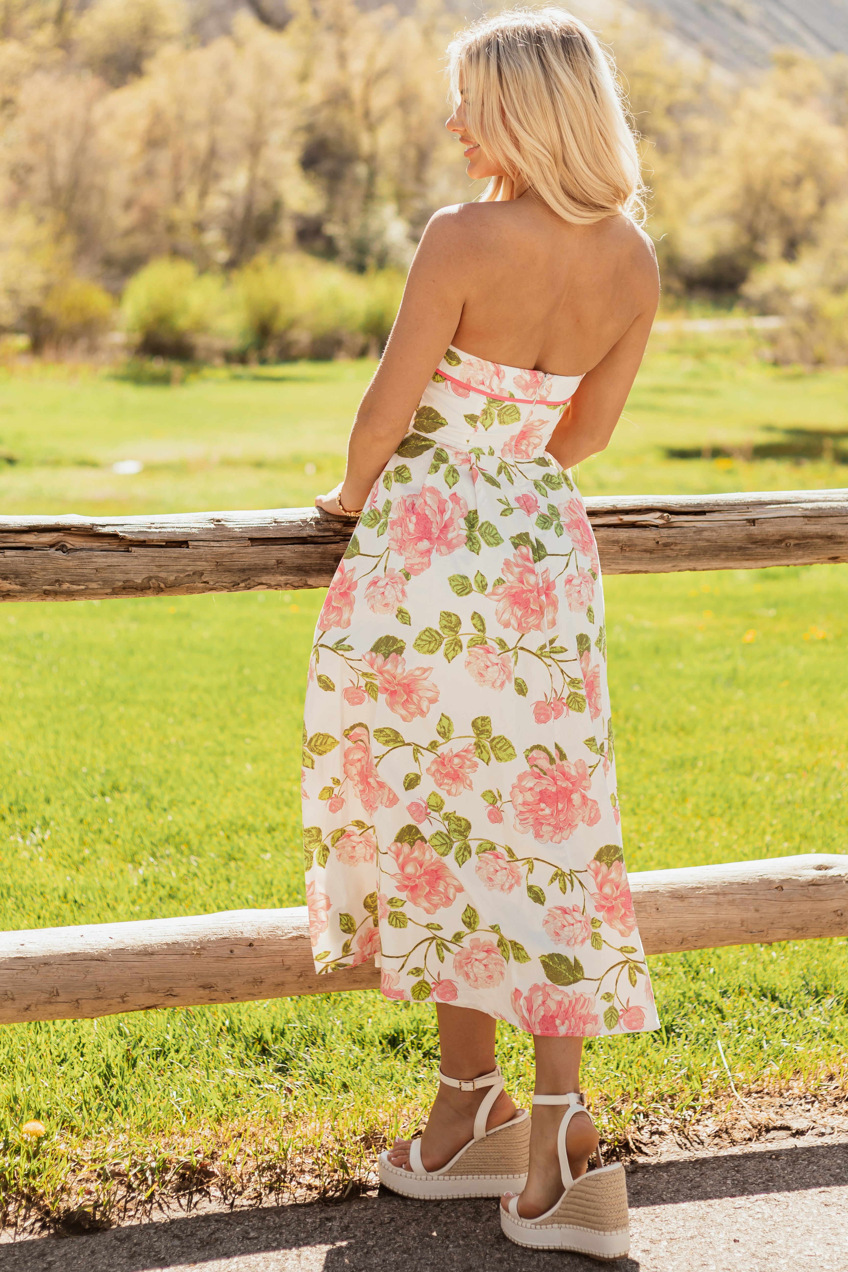 Flying Tomato Ivory Floral Cotton Strapless Midi Dress