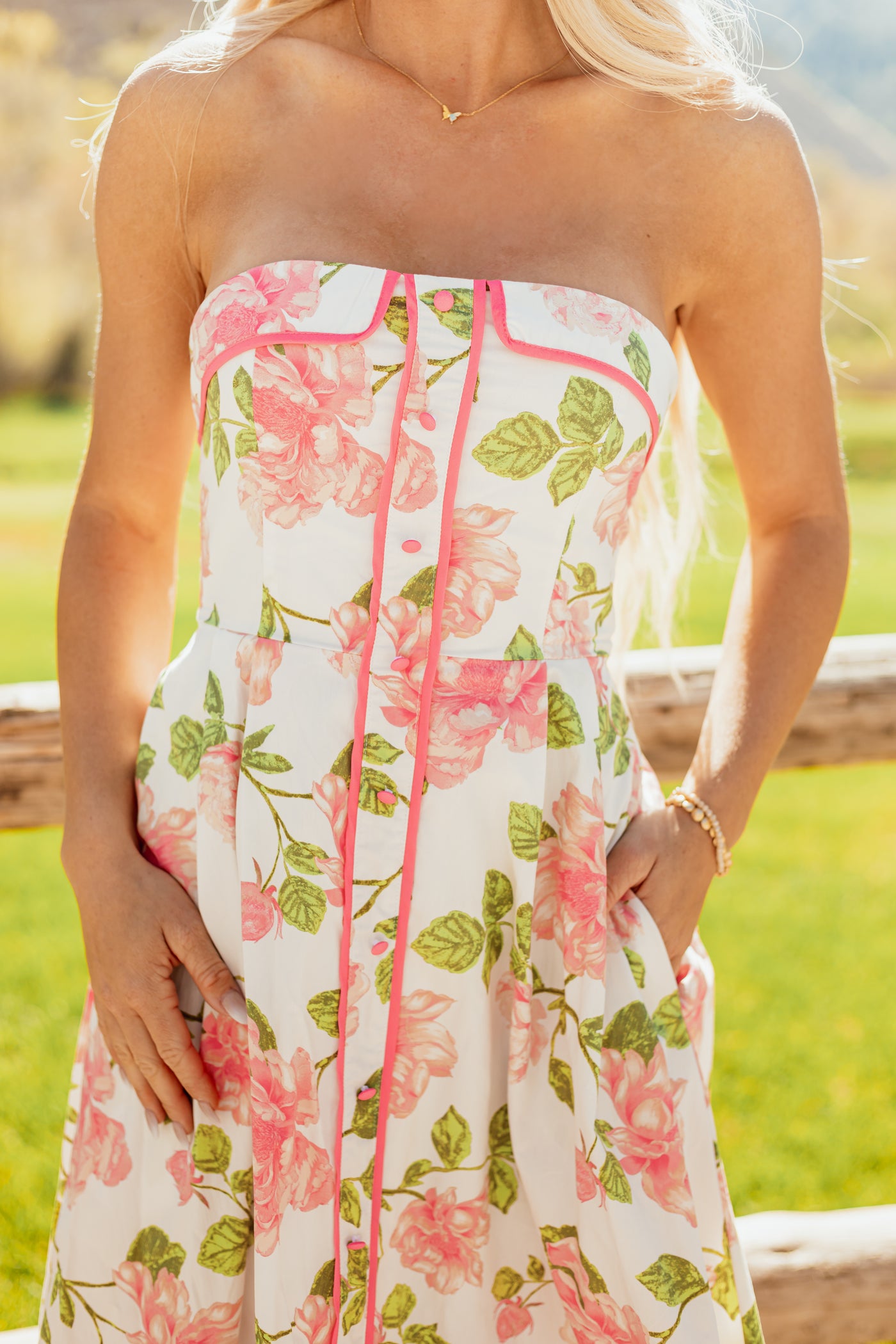 Flying Tomato Ivory Floral Cotton Strapless Midi Dress