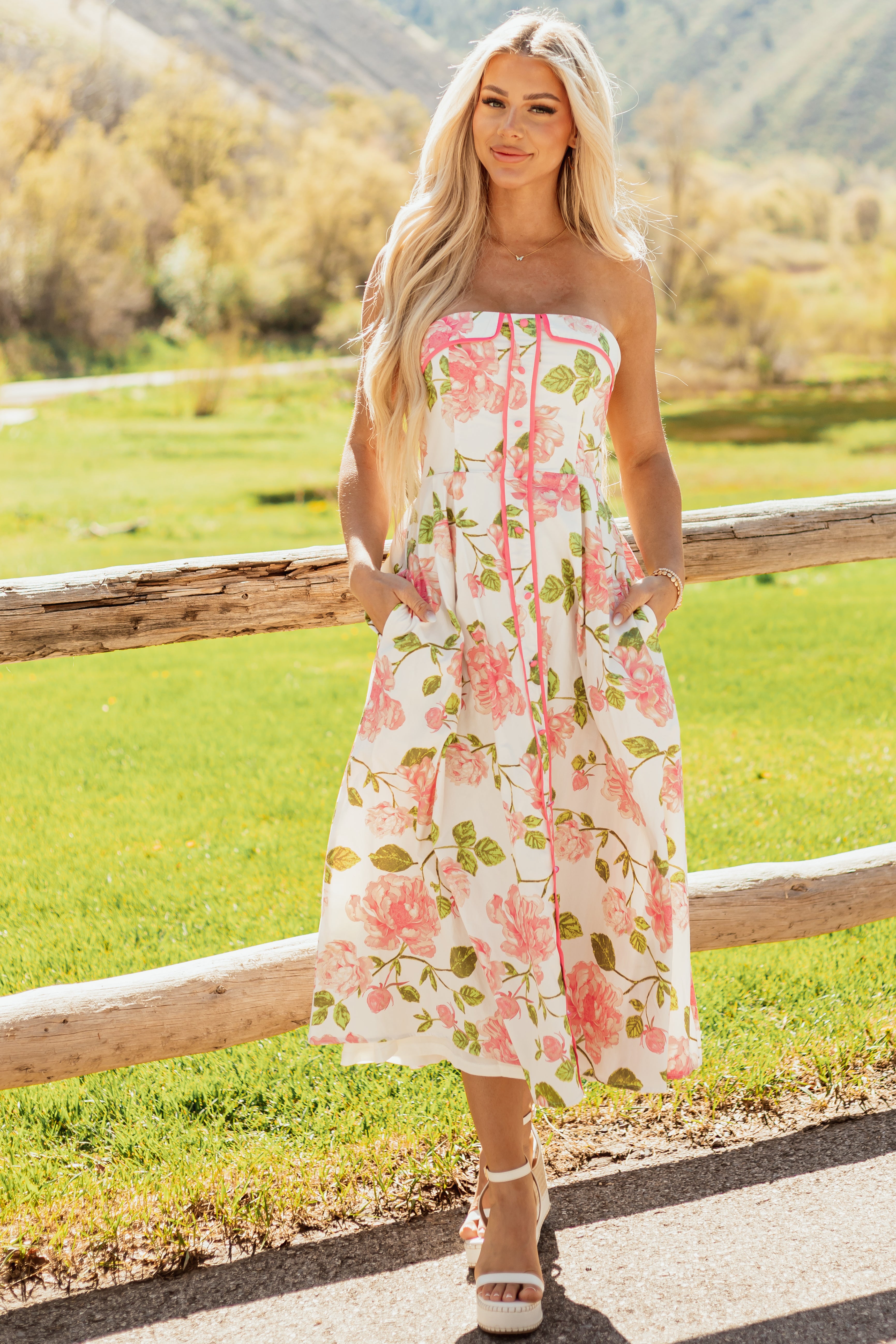 Flying Tomato Ivory Floral Cotton Strapless Midi Dress Flying Tomato Ivory Floral Cotton Strapless Midi Dress