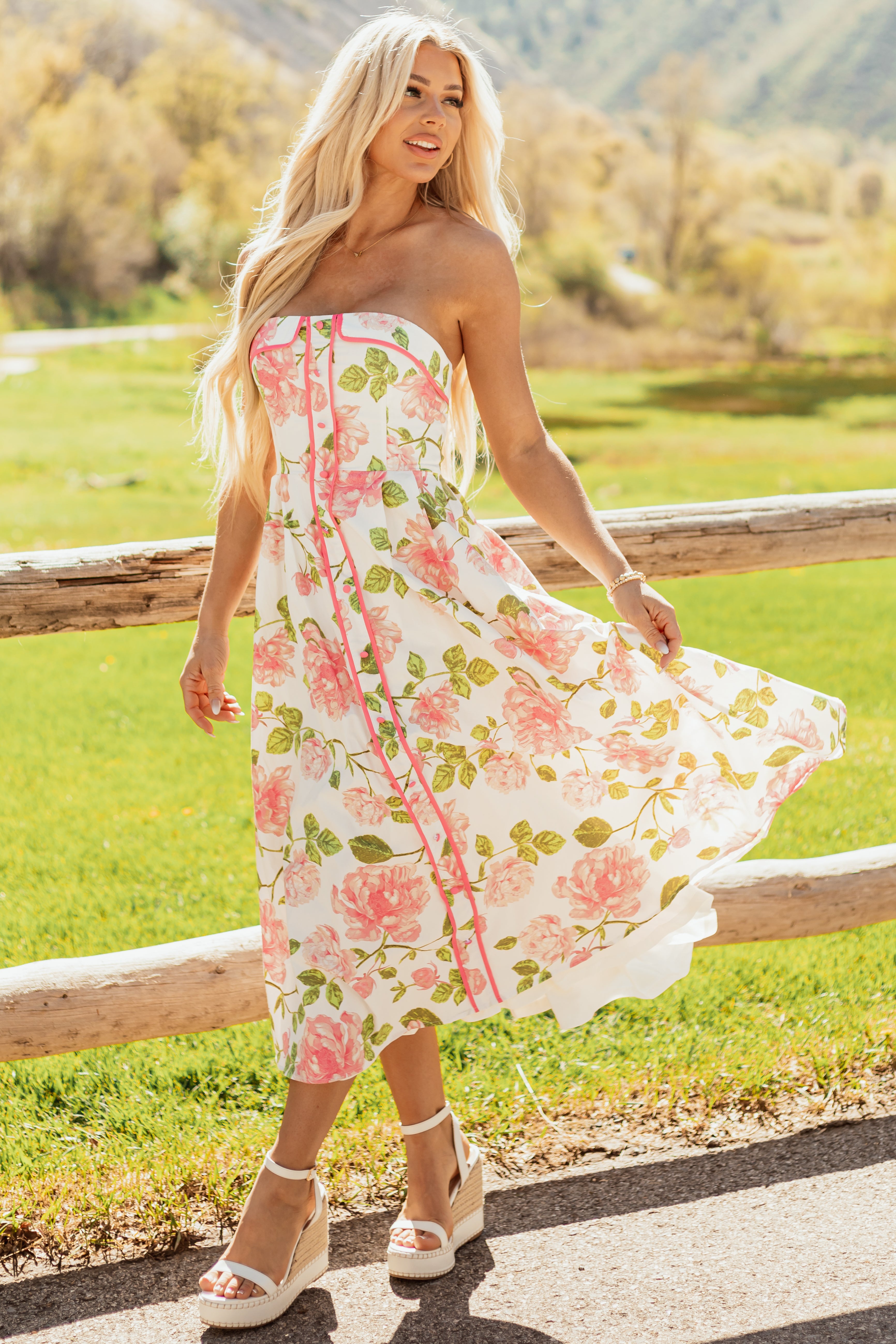 Flying Tomato Ivory Floral Cotton Strapless Midi Dress