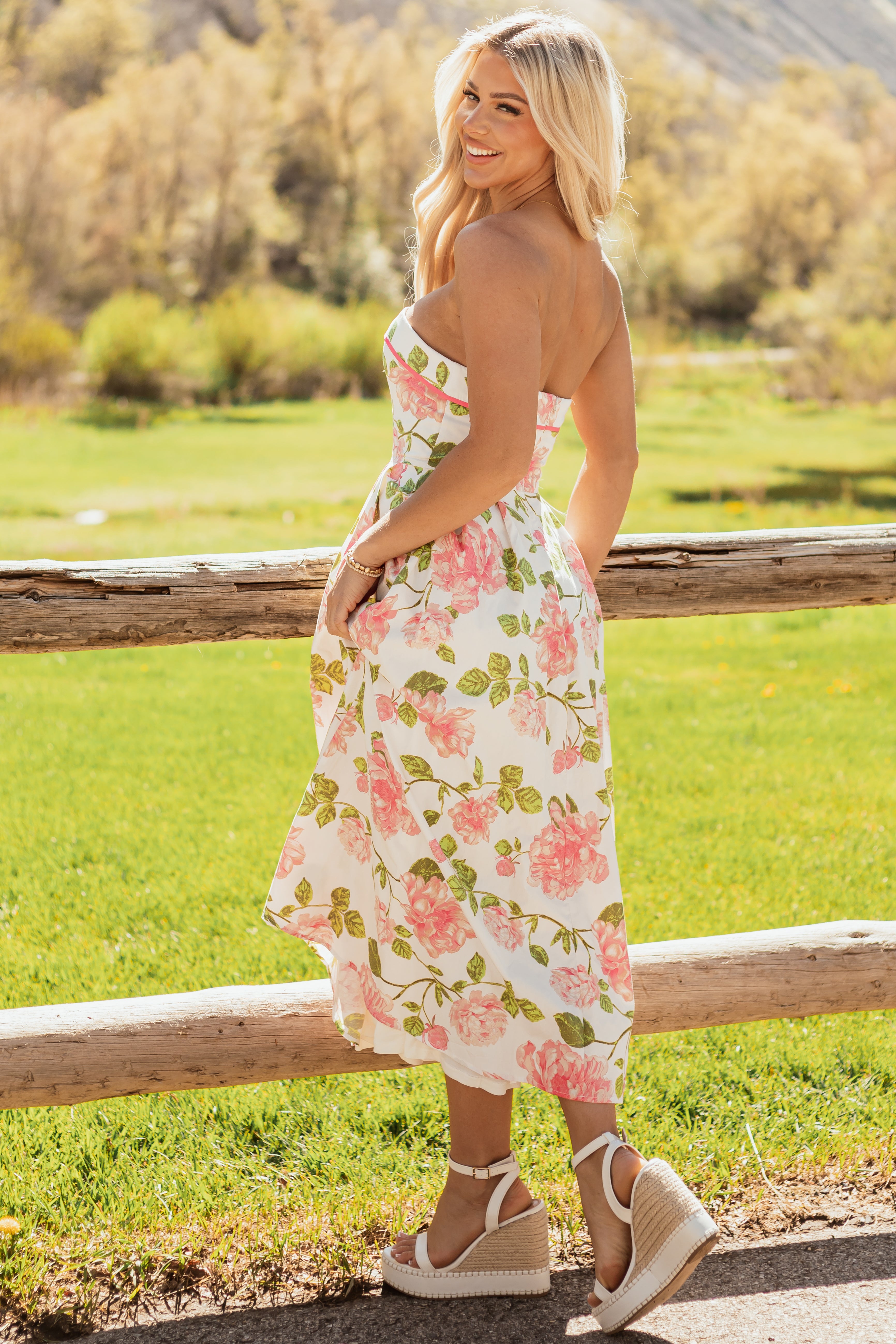 Flying Tomato Ivory Floral Cotton Strapless Midi Dress