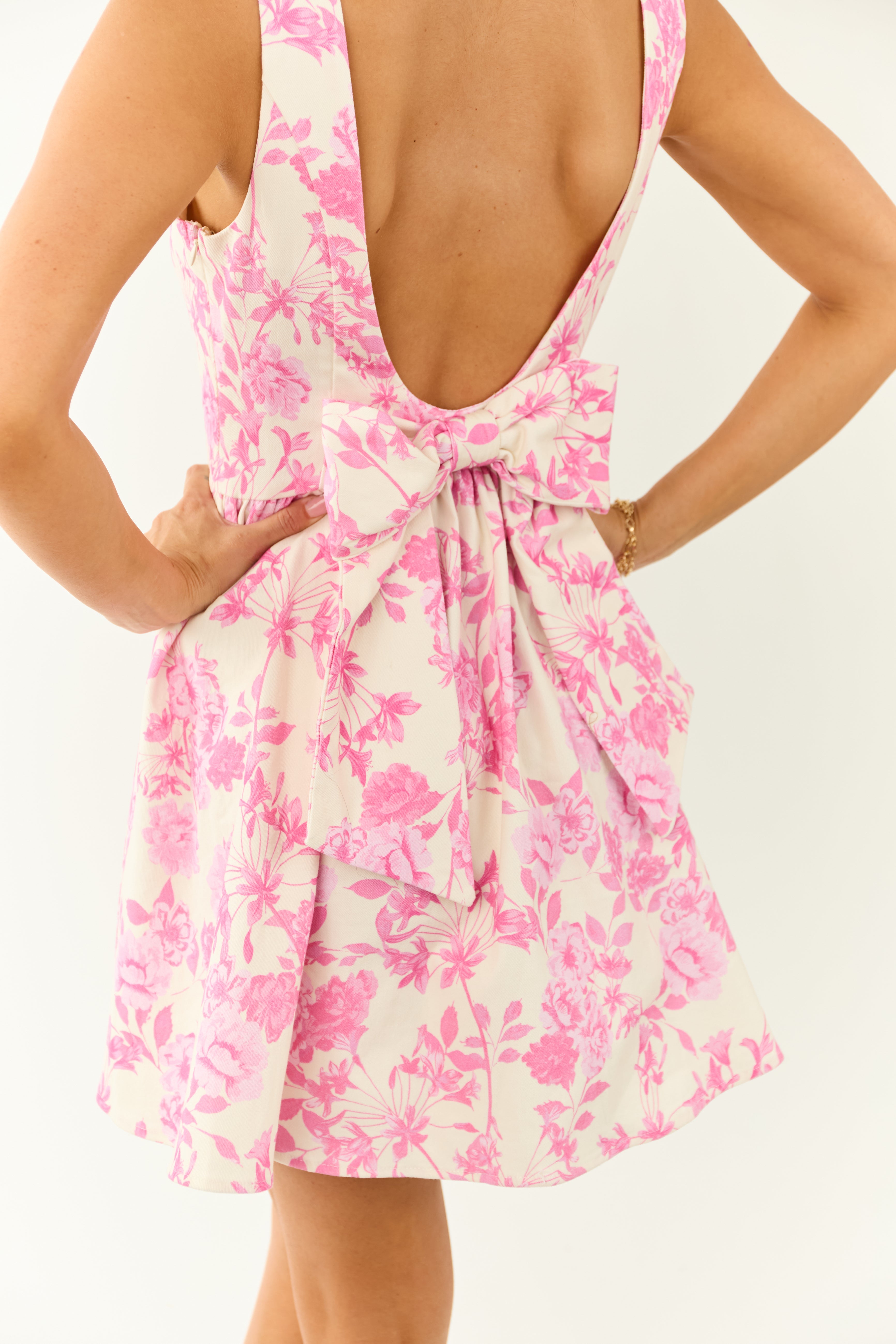 Flying Tomato Ivory Floral Print Denim Mini Dress