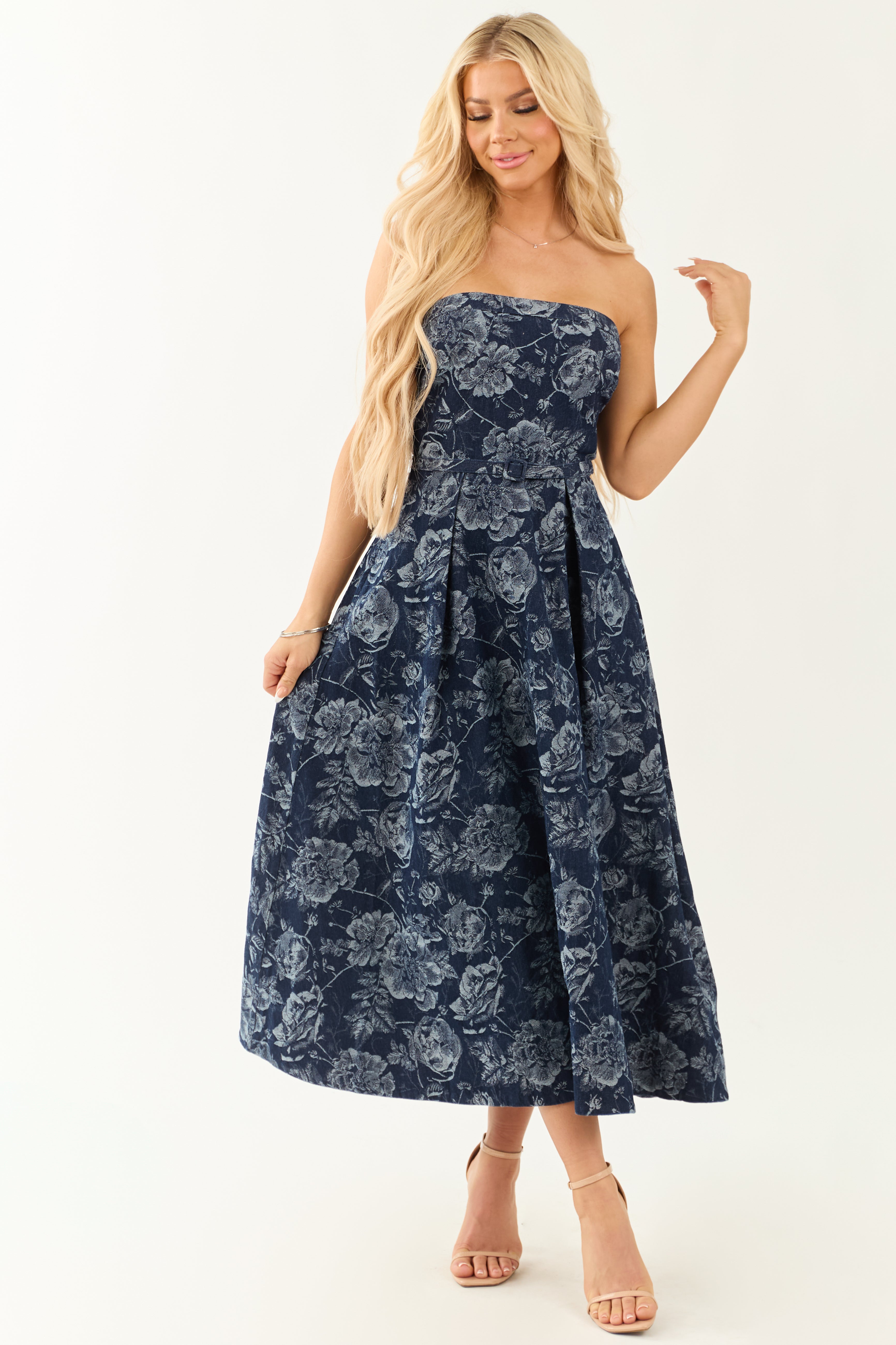 Flying Tomato Jacquard Print Denim Midi Dress | Lime Lush Boutique