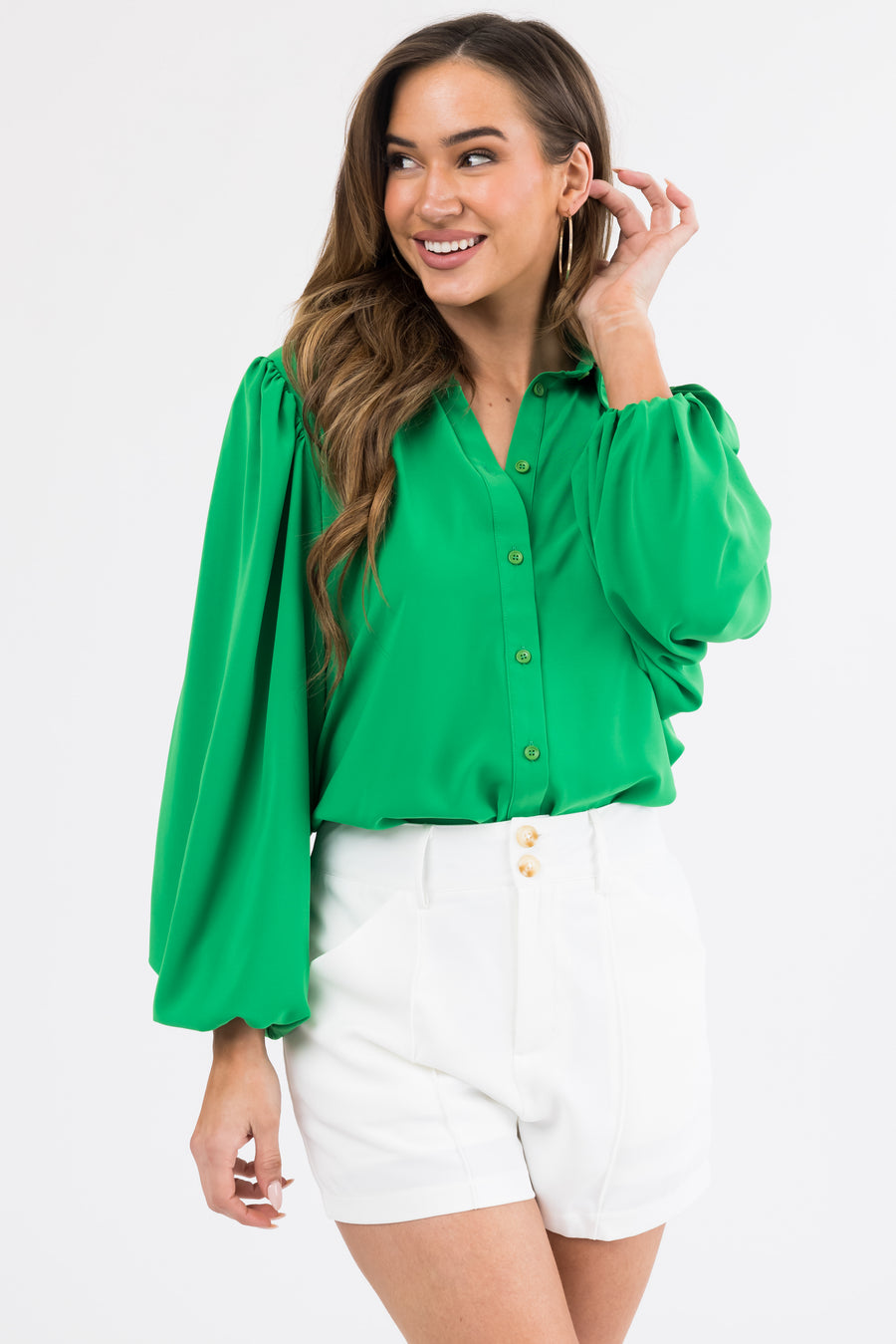 Flying Tomato Jade Bubble Sleeve Button Blouse