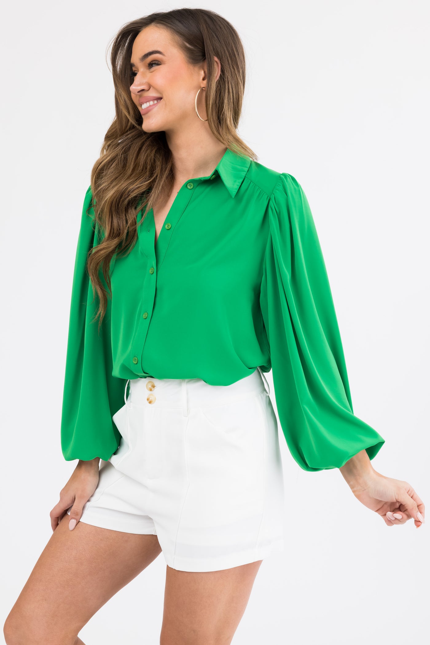 Flying Tomato Jade Bubble Sleeve Button Blouse