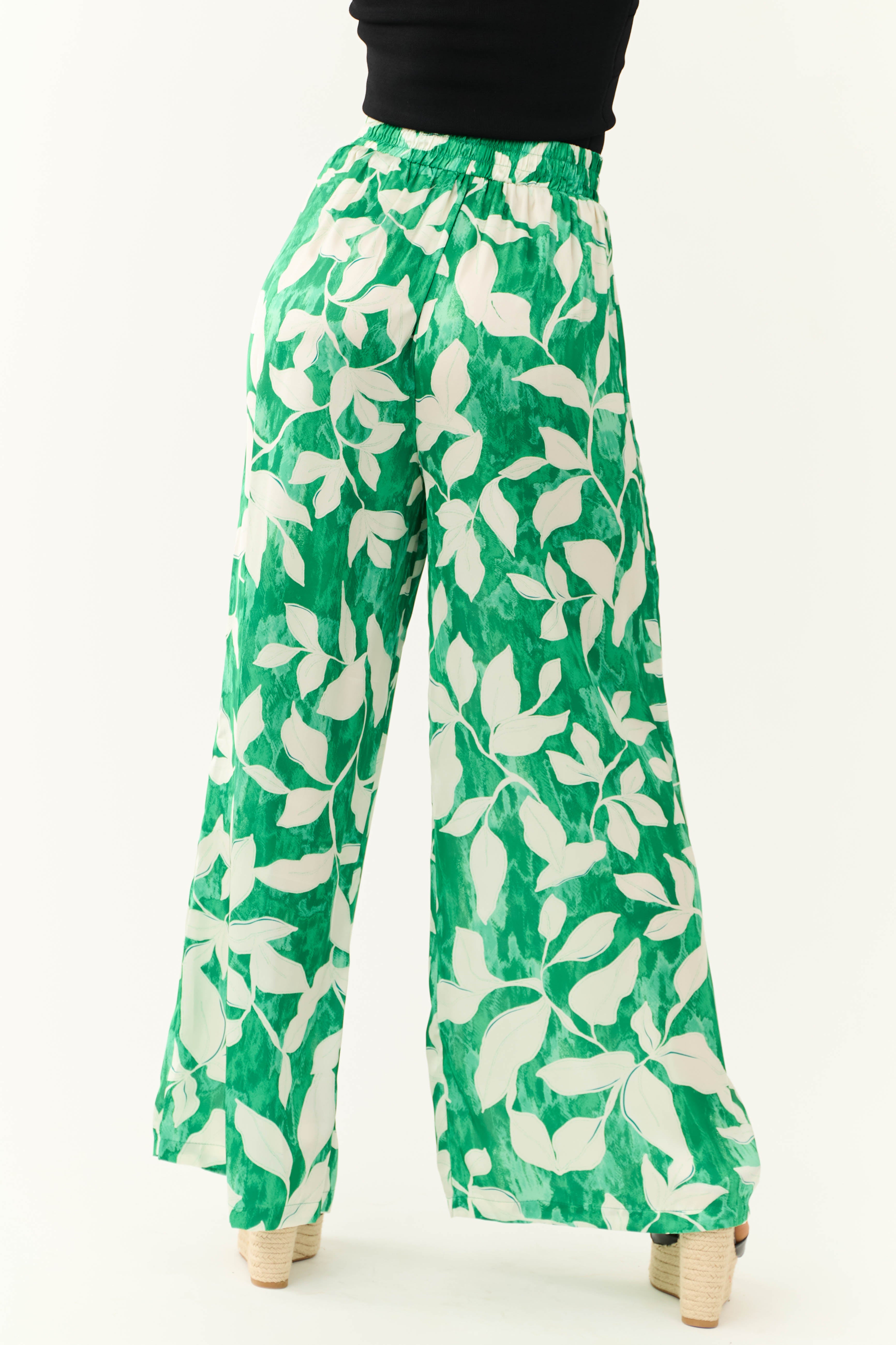 Flying Tomato Jade Leaf Print Satin Pants | Lime Lush Boutique