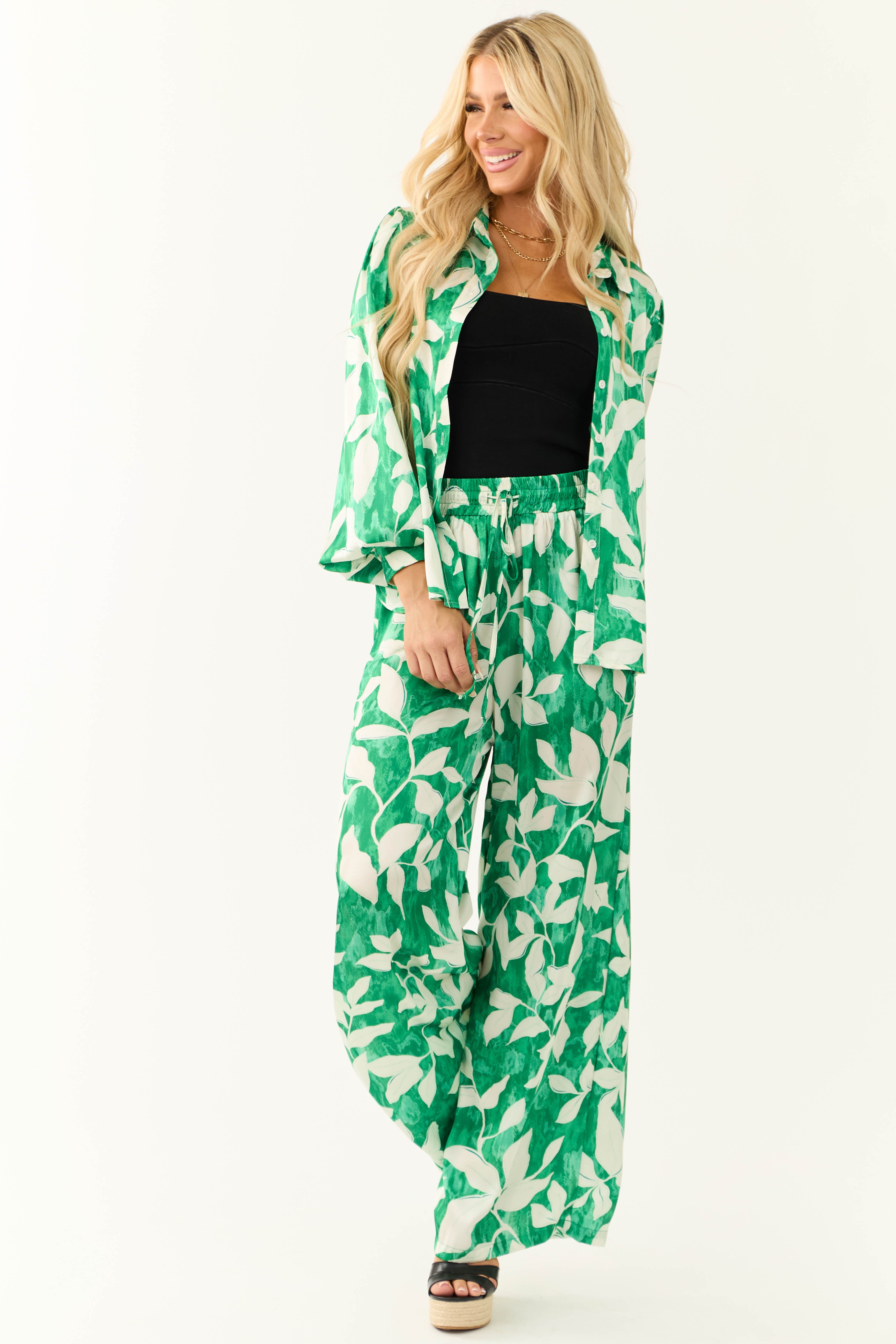 Flying Tomato Jade Leaf Print Satin Pants | Lime Lush Boutique