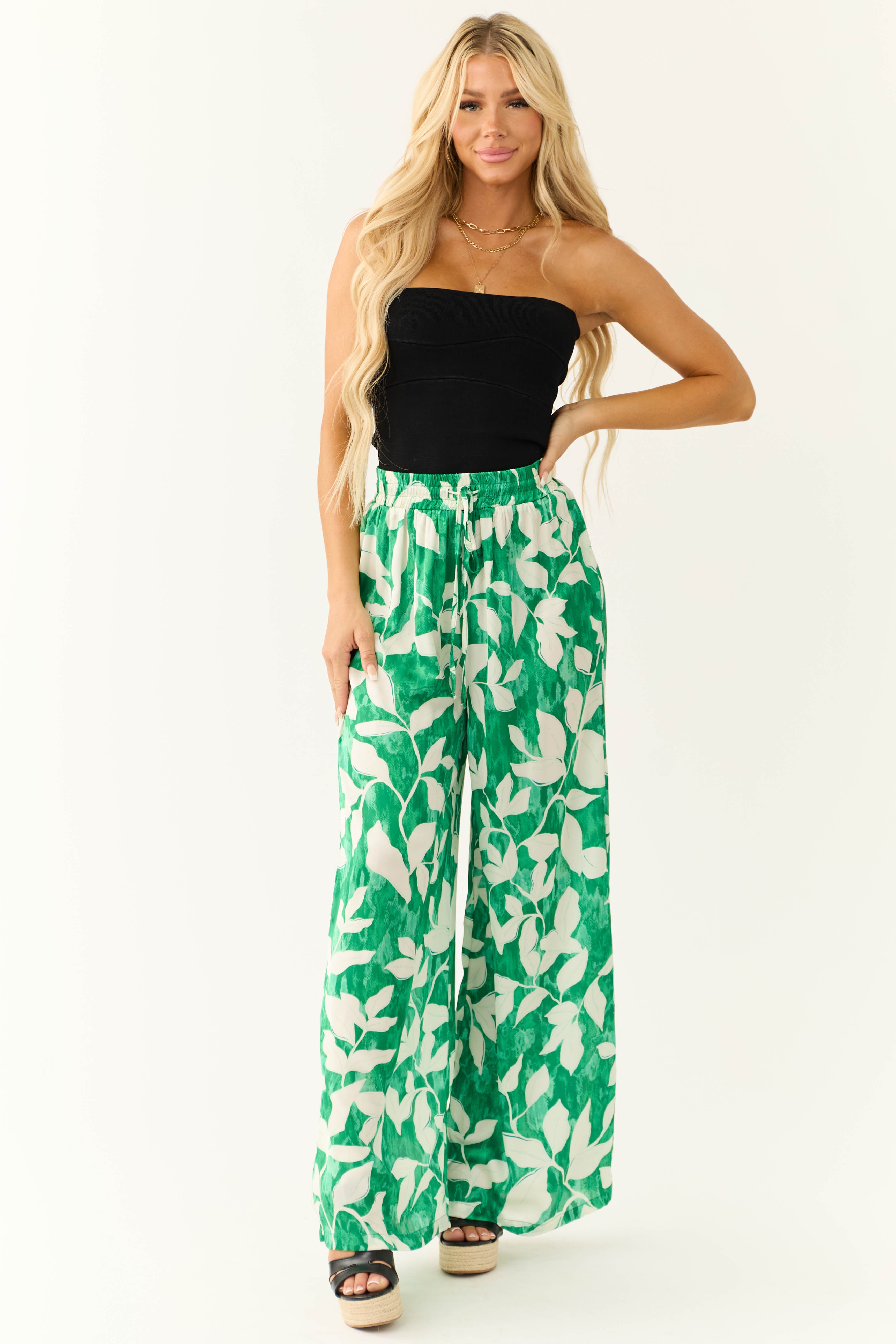 Flying Tomato Jade Leaf Print Satin Pants | Lime Lush Boutique