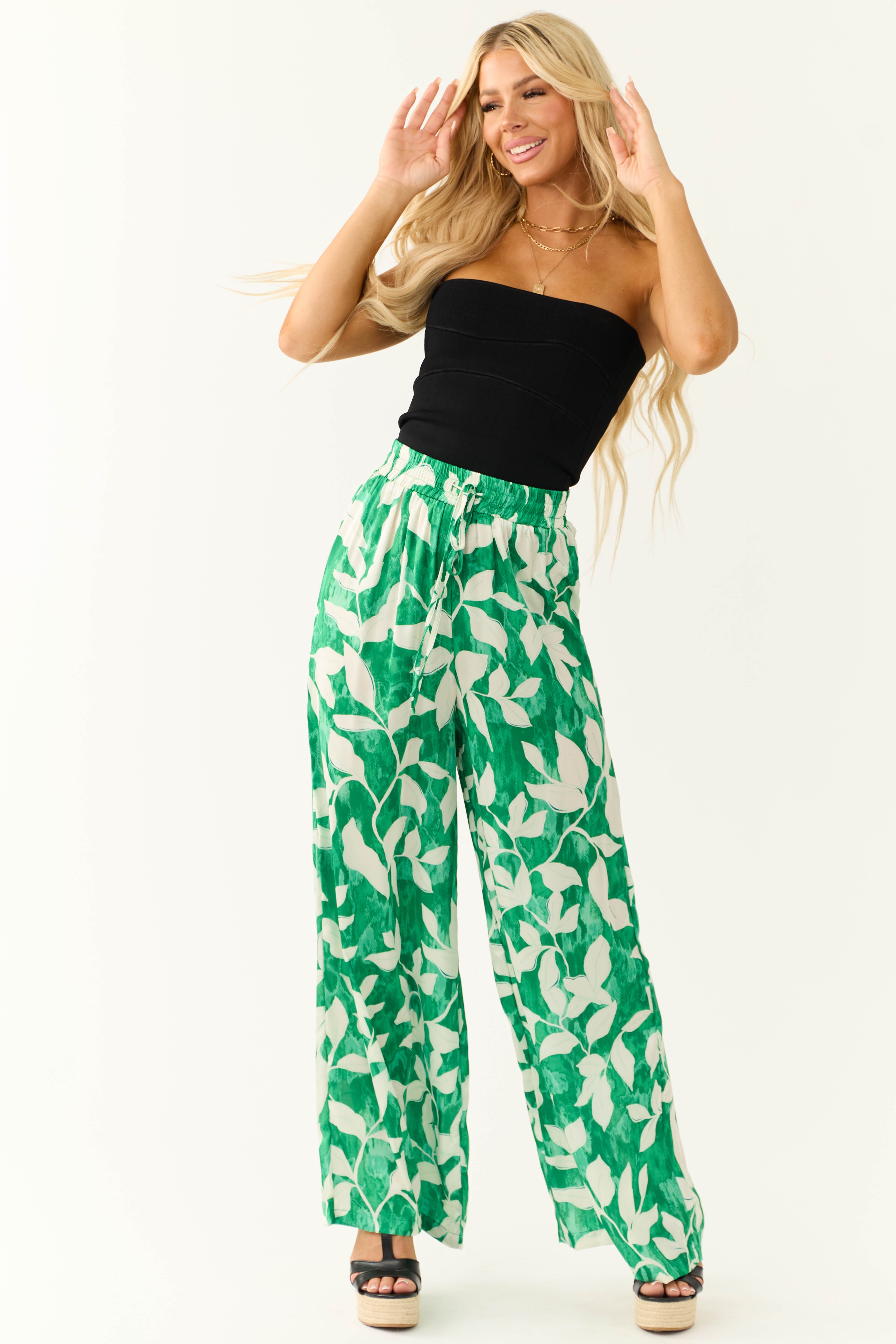 Flying Tomato Jade Leaf Print Satin Pants | Lime Lush Boutique
