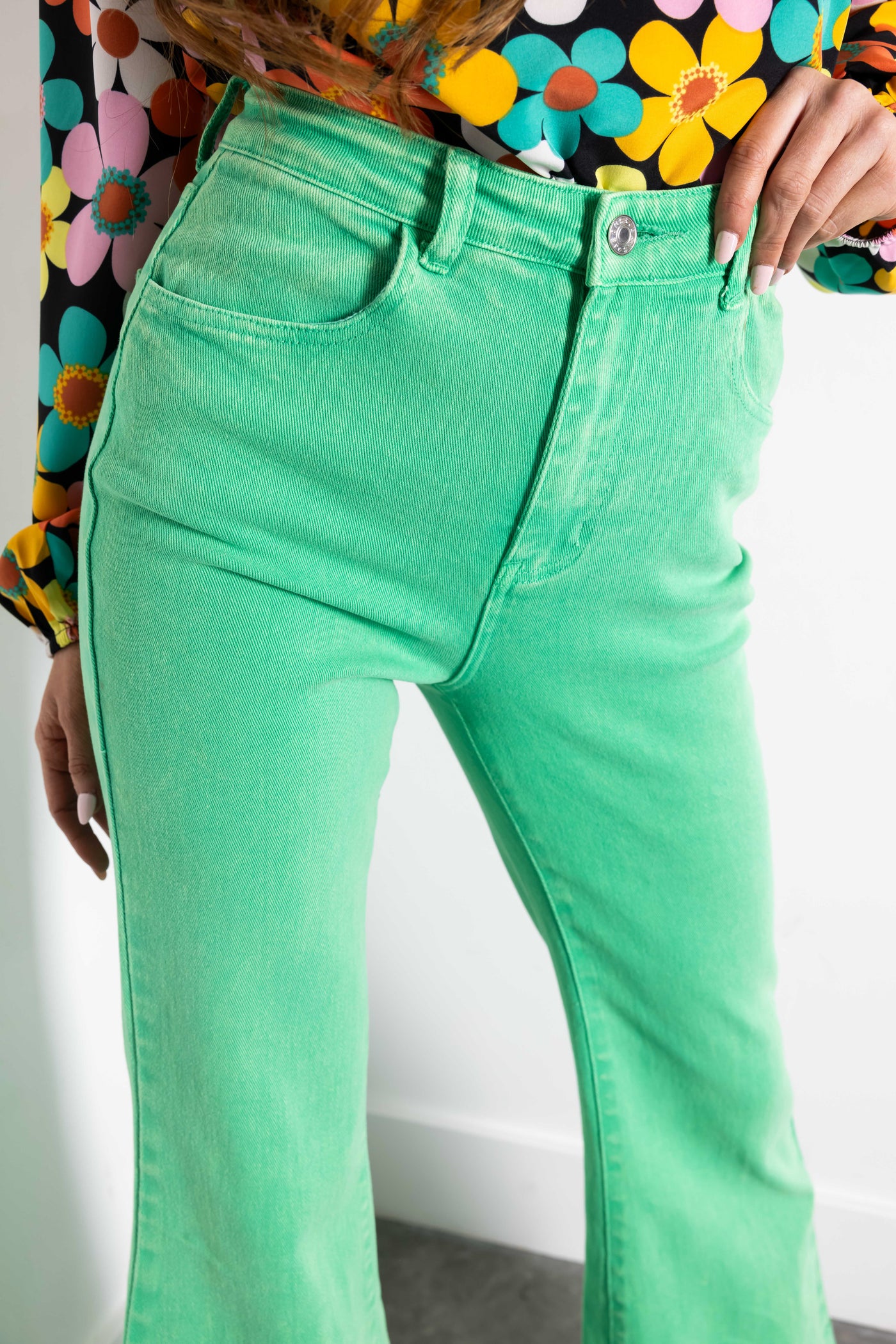 Flying Tomato Kelly Green Washed Flare Jeans