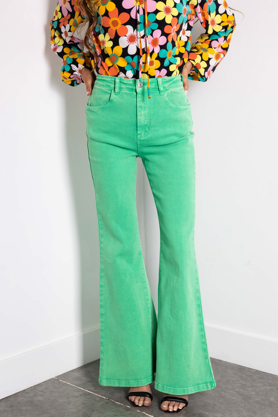Flying Tomato Kelly Green Washed Flare Jeans
