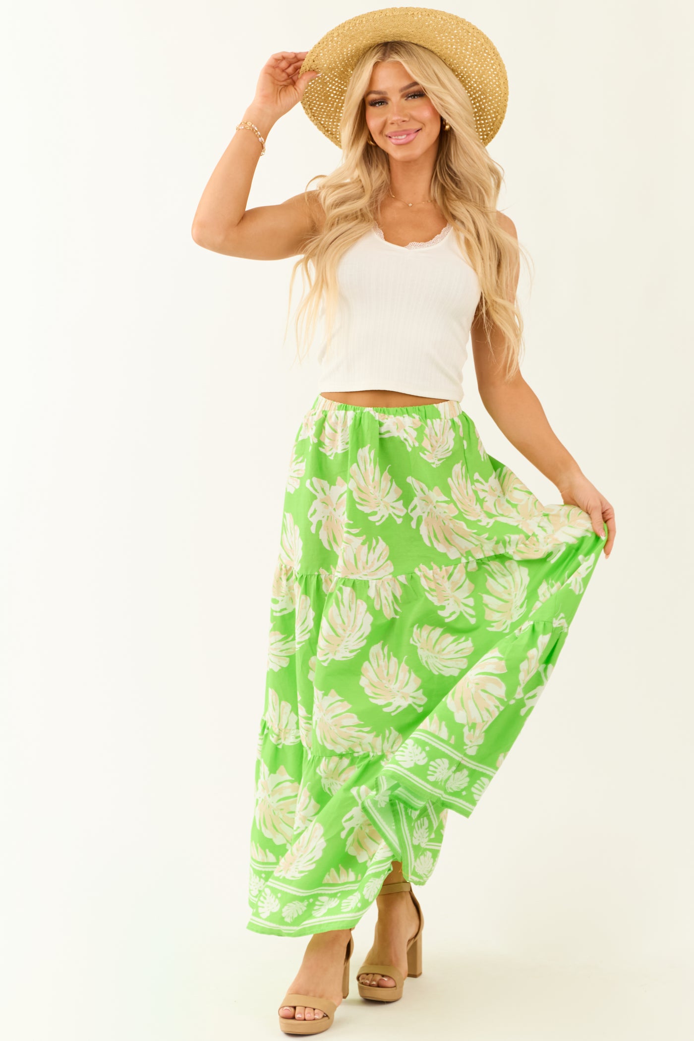 Flying Tomato Kiwi Tropical Print Maxi Skirt Lime Lush Boutique