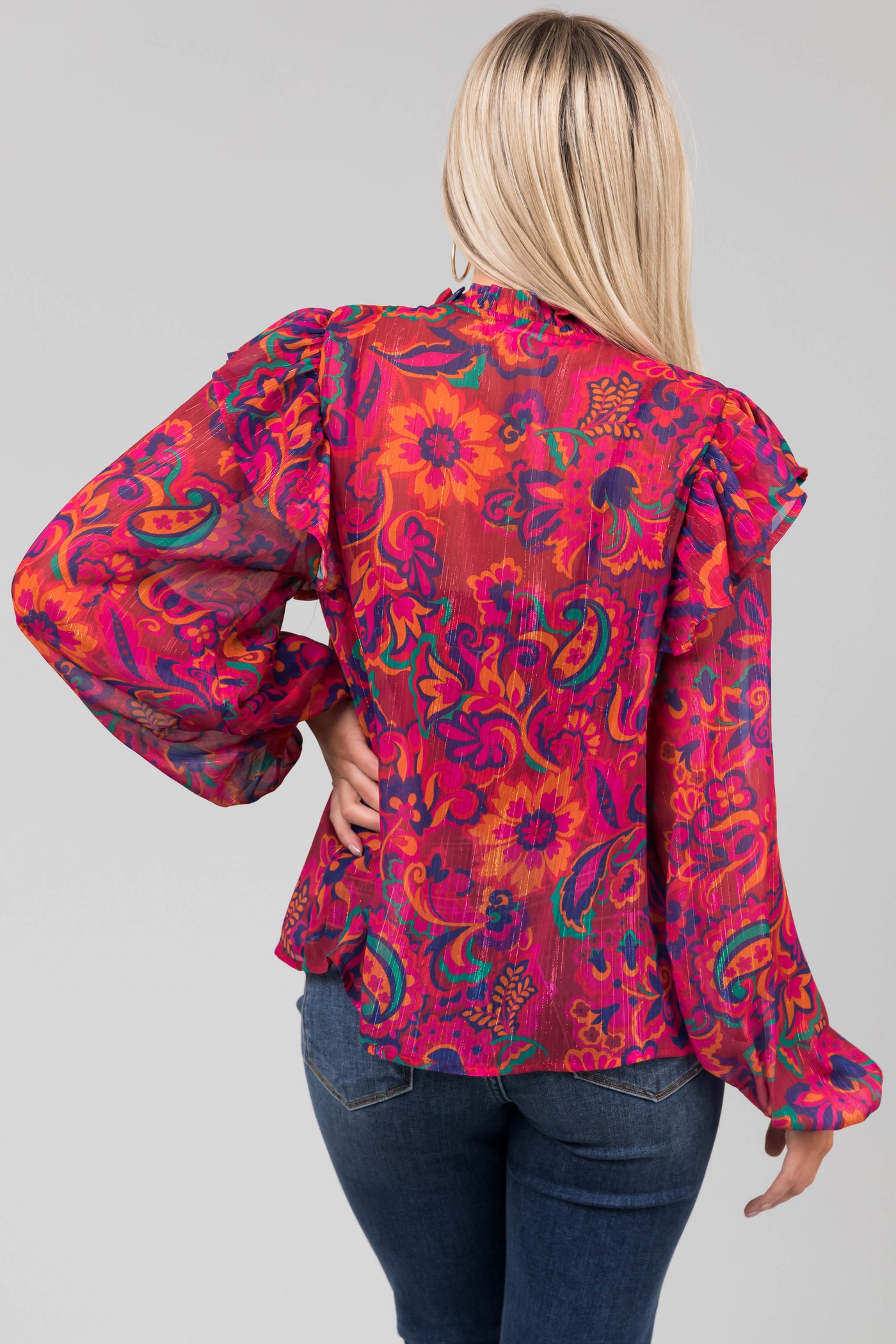 Flying Tomato Magenta Floral Print Ruffle Blouse