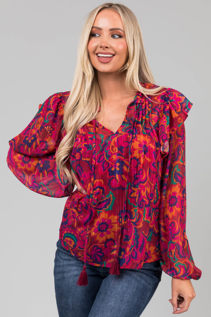 Flying Tomato Magenta Floral Print Ruffle Blouse