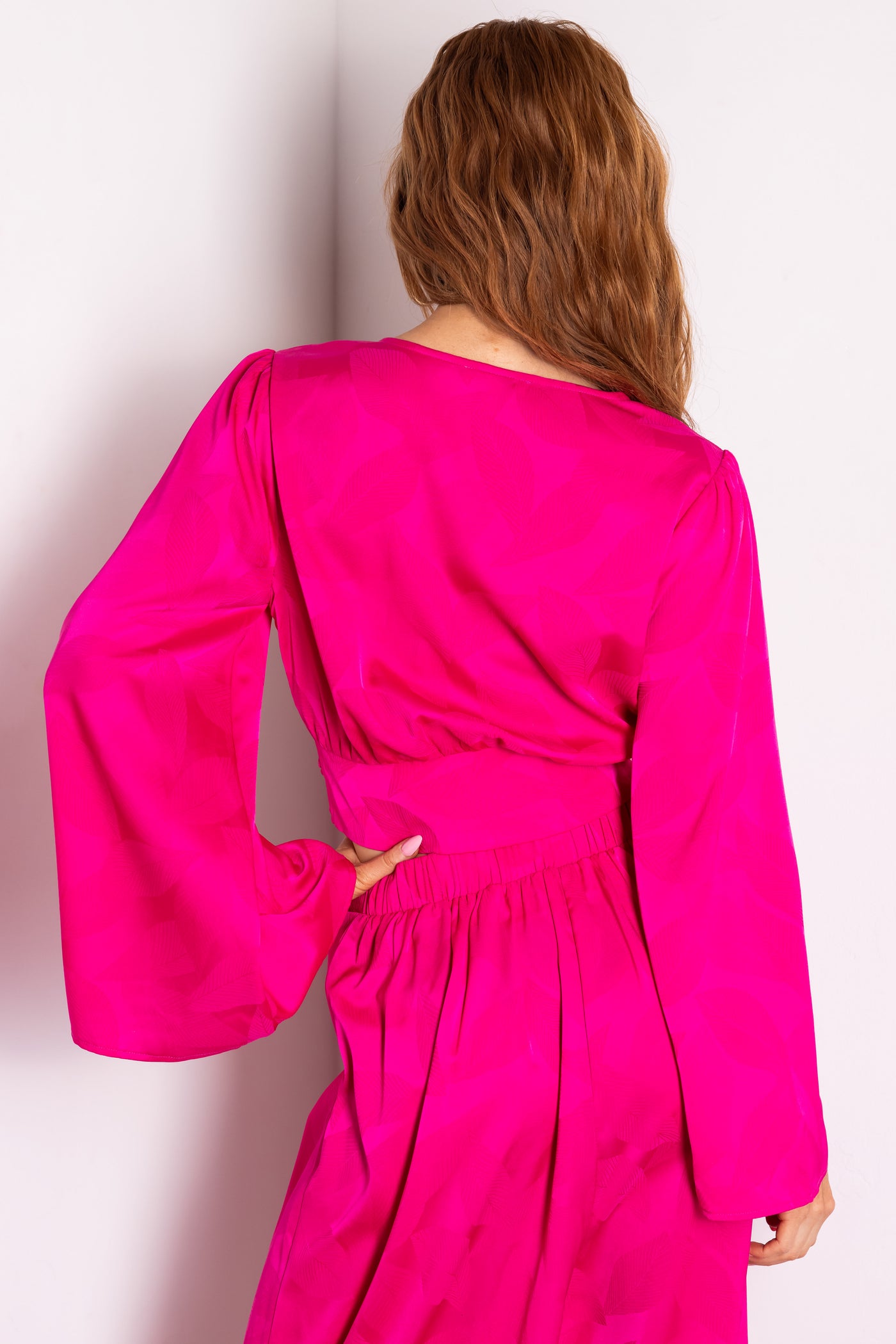 Flying Tomato Magenta Leaf Texture Bell Sleeve Top