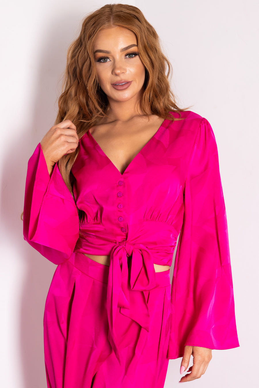 Flying Tomato Magenta Leaf Texture Bell Sleeve Top