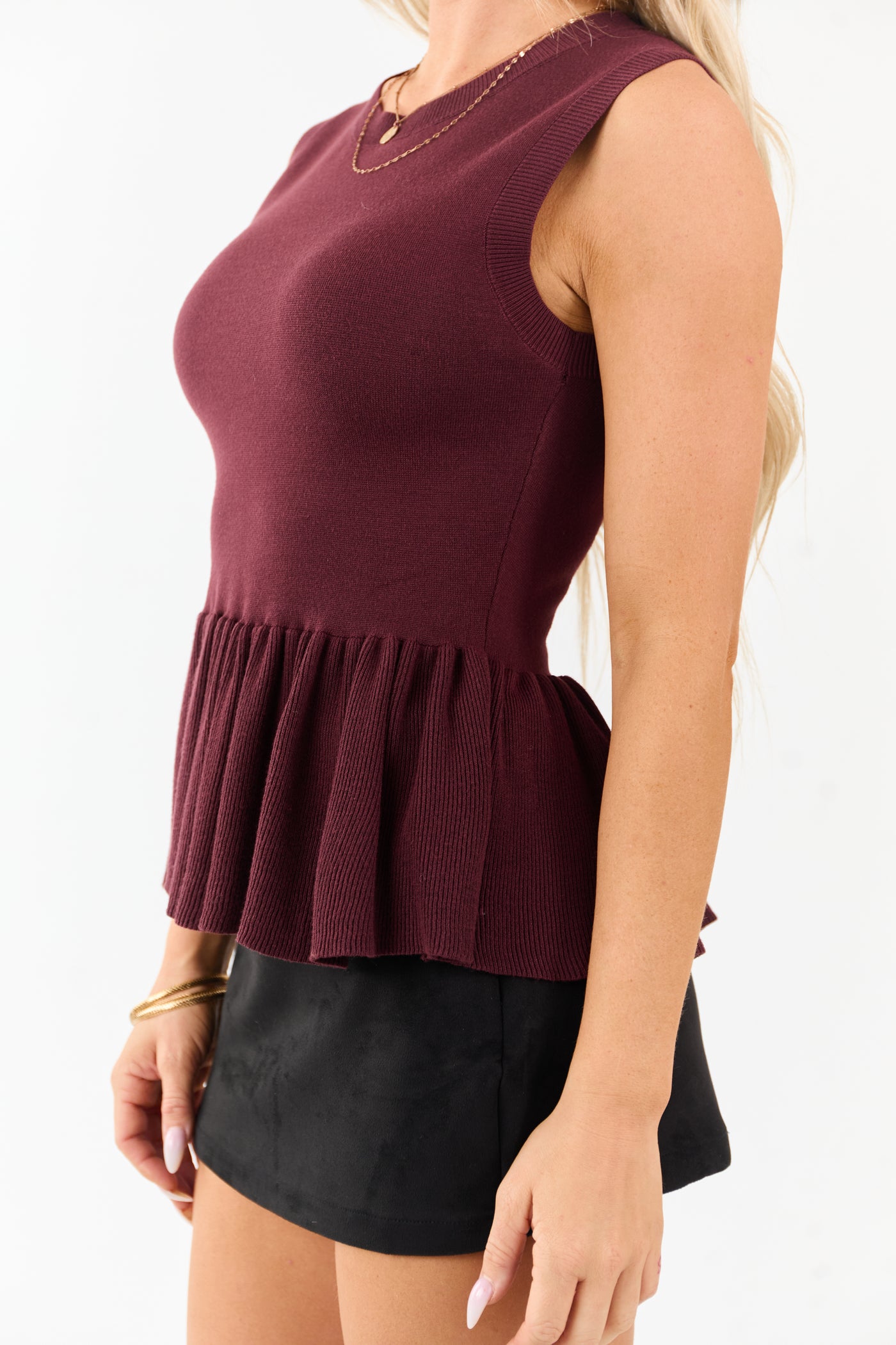 Flying Tomato Mahogany Peplum Ruffle Knit Tank Top