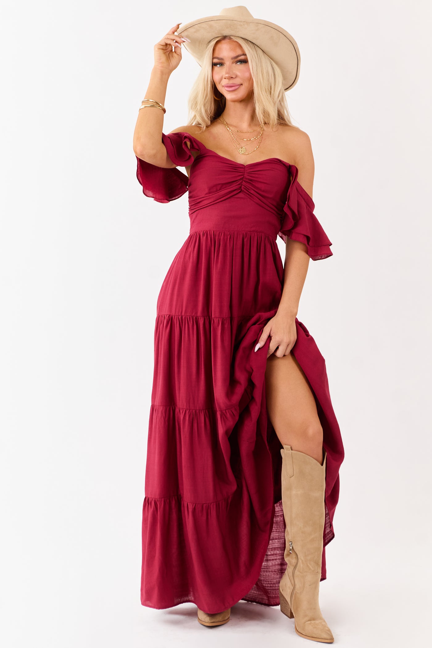Flying Tomato Maroon Tiered Maxi Dress