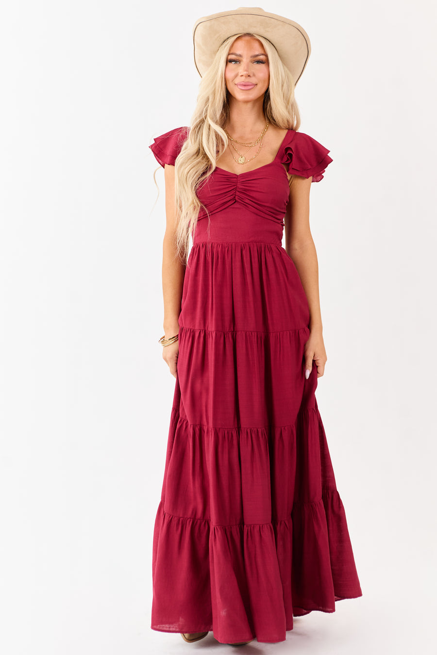 Flying Tomato Maroon Tiered Maxi Dress