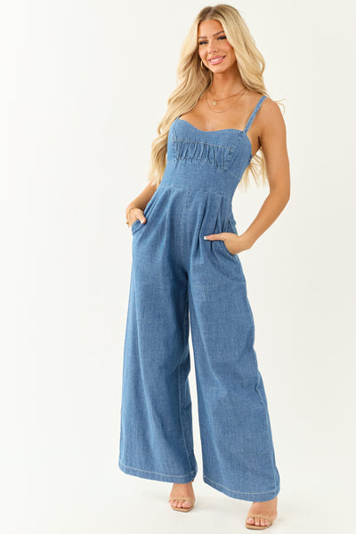 Flying Tomato Medium Wash Chambray Denim Jumpsuit