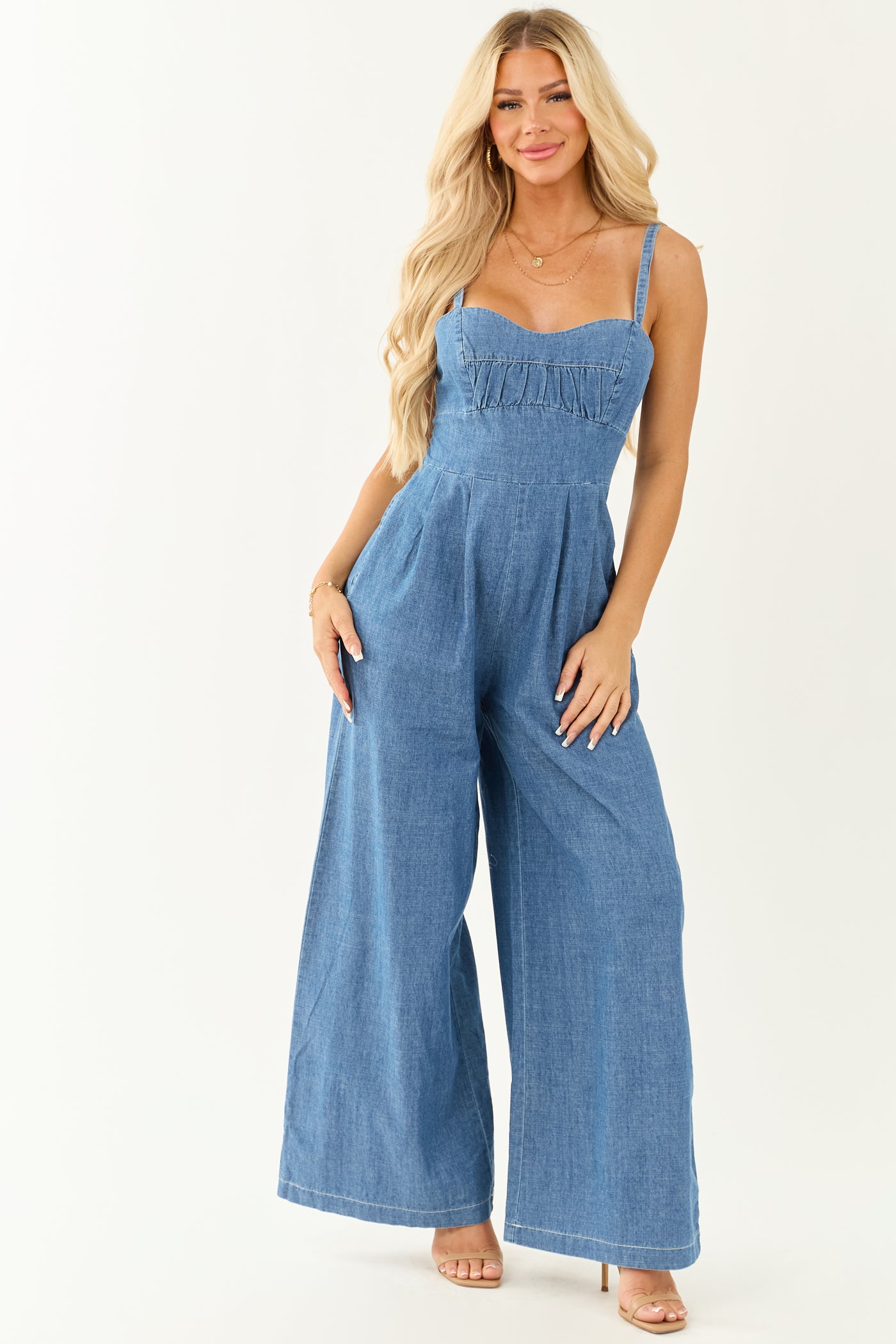 Flying Tomato Medium Wash Chambray Denim Jumpsuit