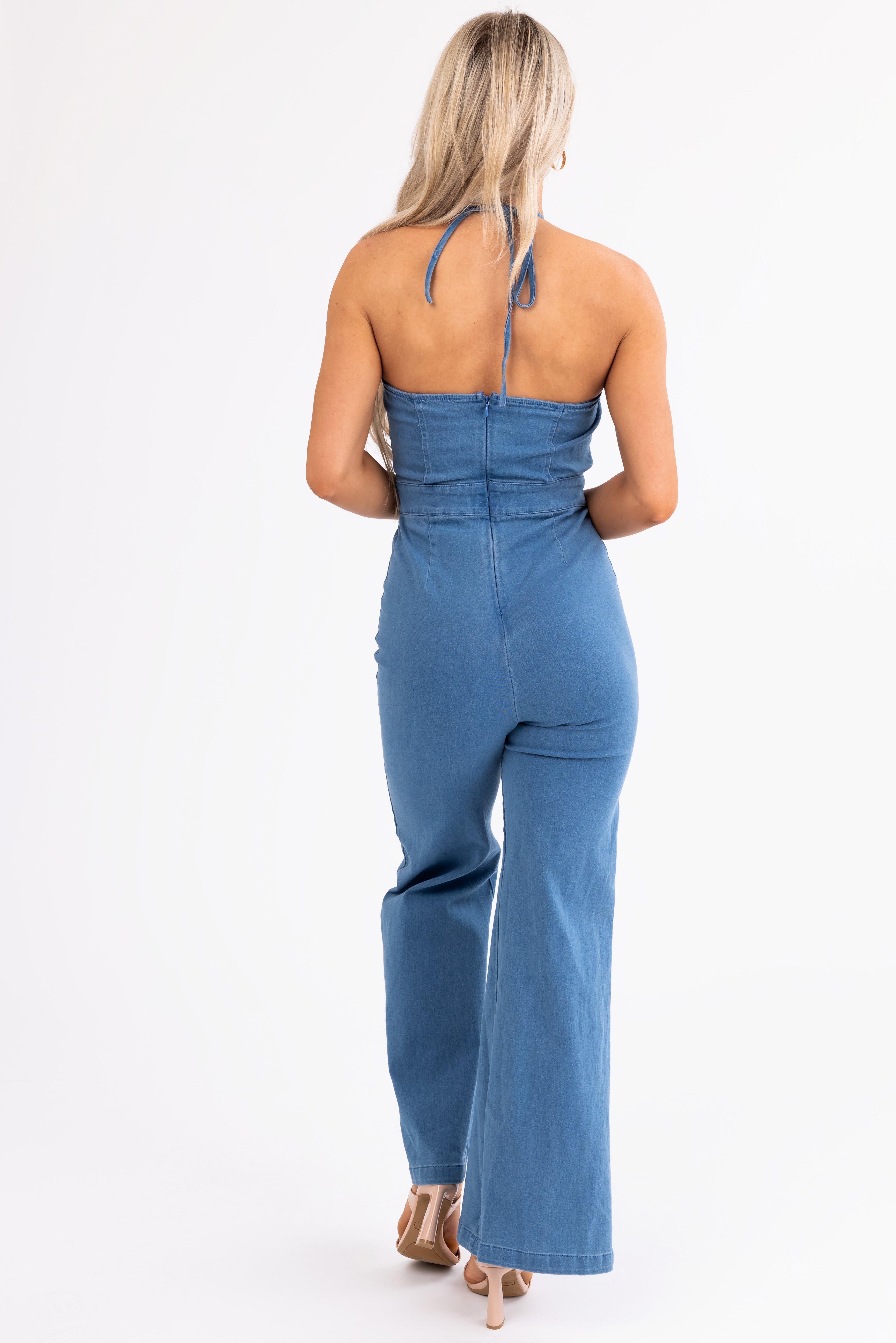 Flying Tomato Medium Wash Halter Neck Jumpsuit | Lime Lush Boutique