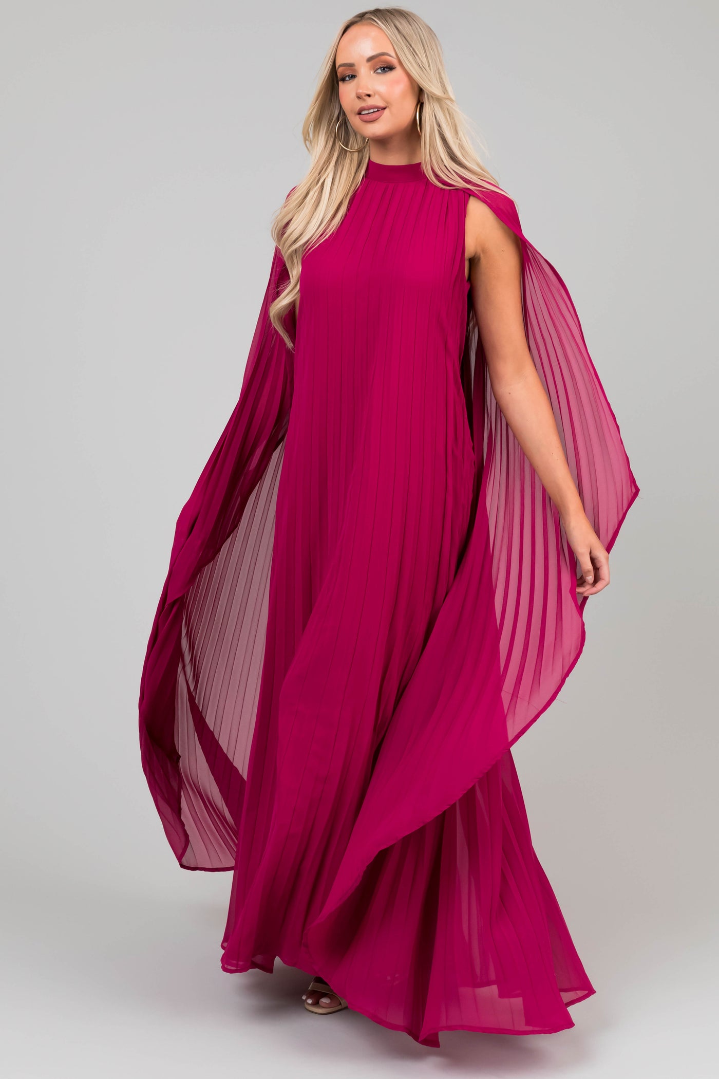 Flying Tomato Mulberry Pleated Maxi Dress with Cape