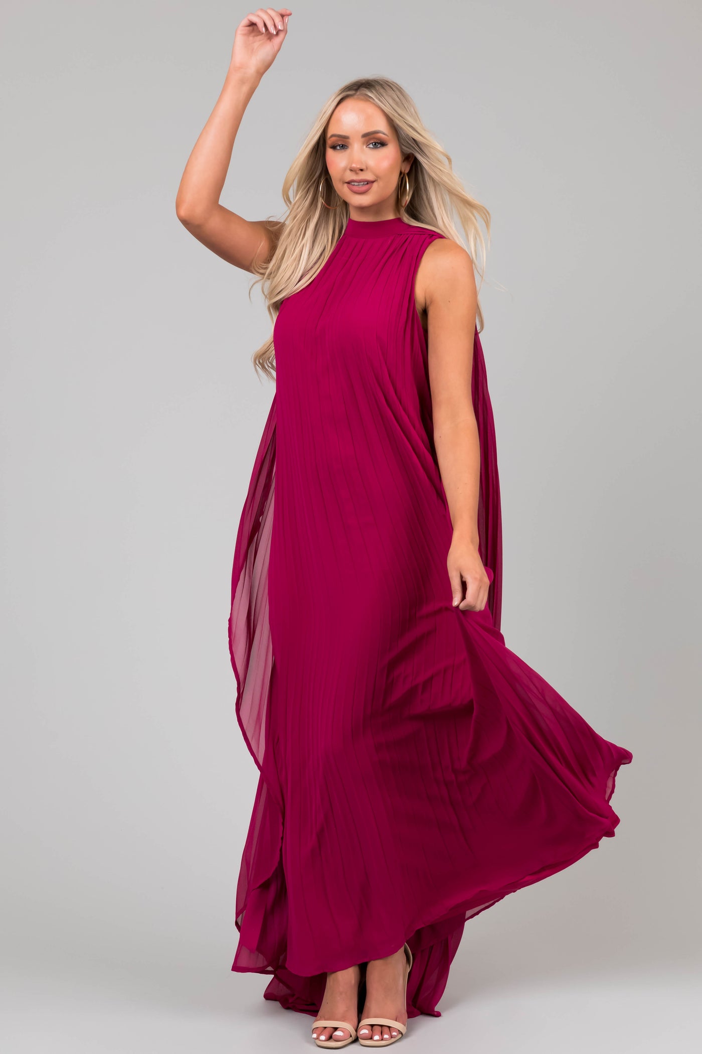 Flying Tomato Mulberry Pleated Maxi Dress with Cape