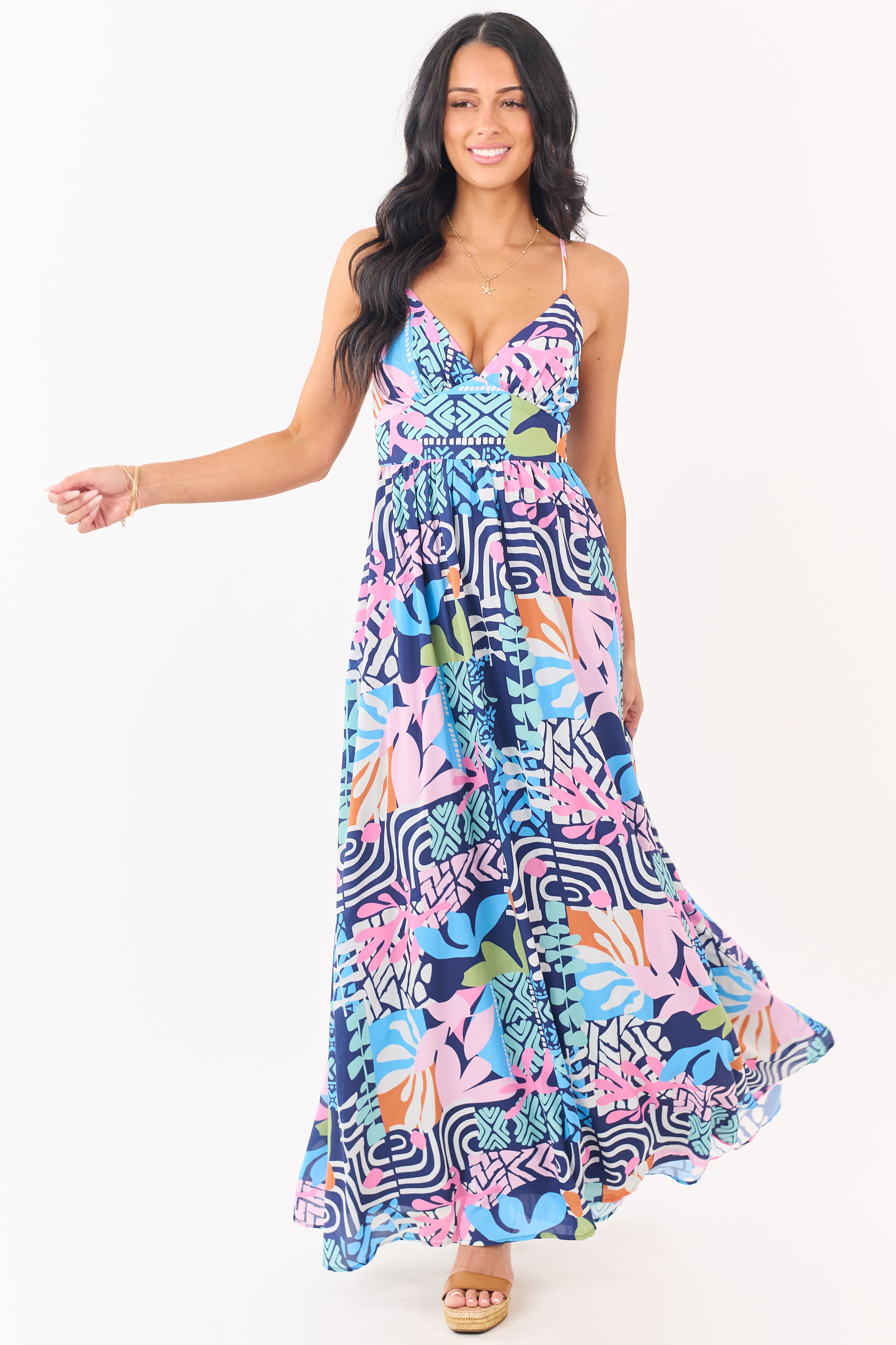 Flying Tomato Navy Abstract Print Maxi Dress