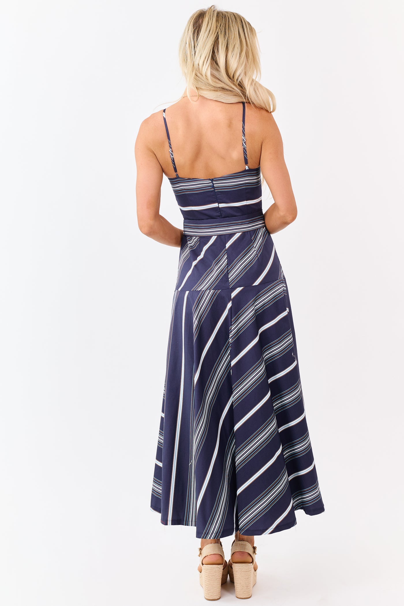 brown and blue tropical flight stripes organic cotton midi dress FARM Rio Tropical Flight Stripes Multicolor Midi Dress