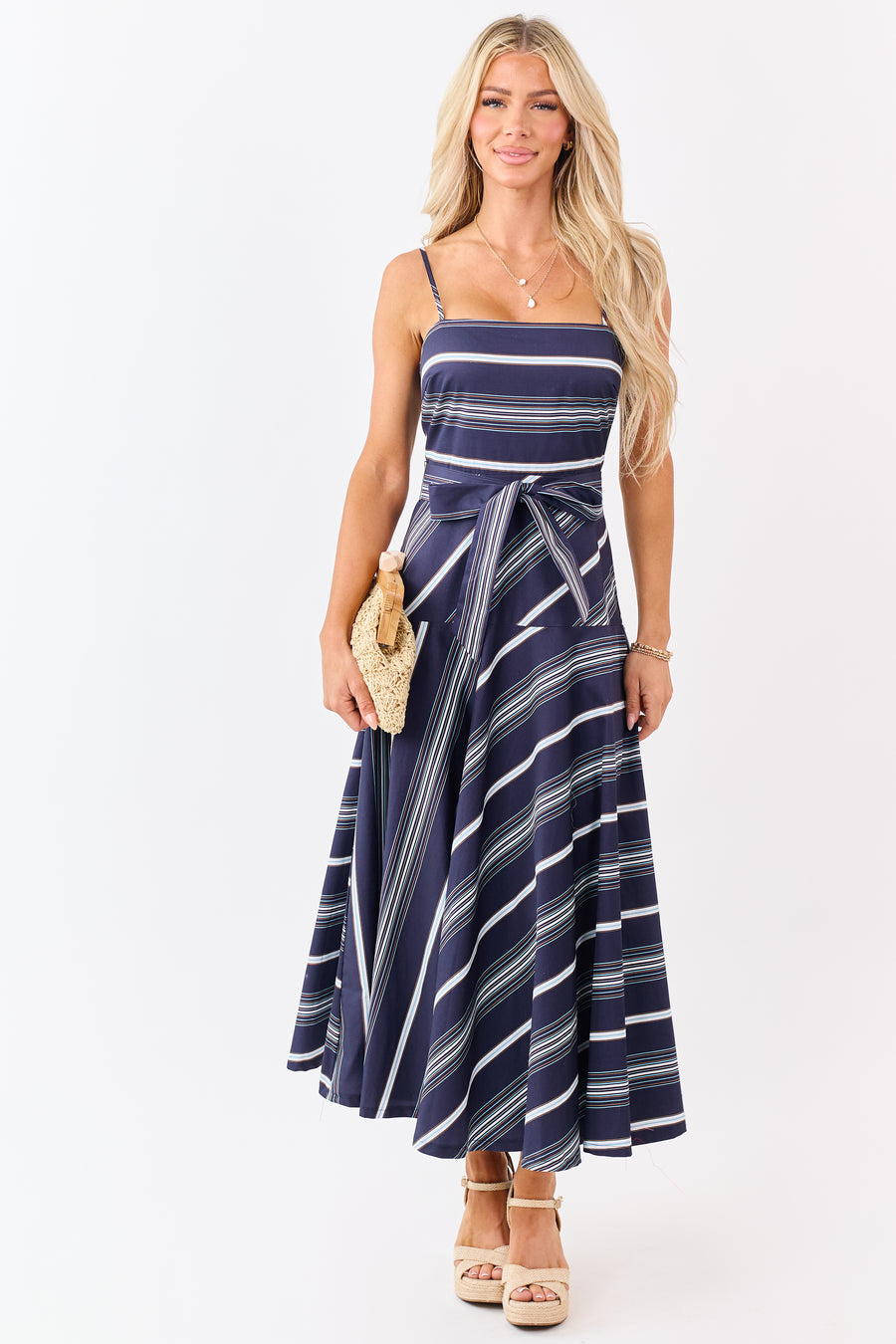 Flying Tomato Navy Striped Cotton Midi Dress