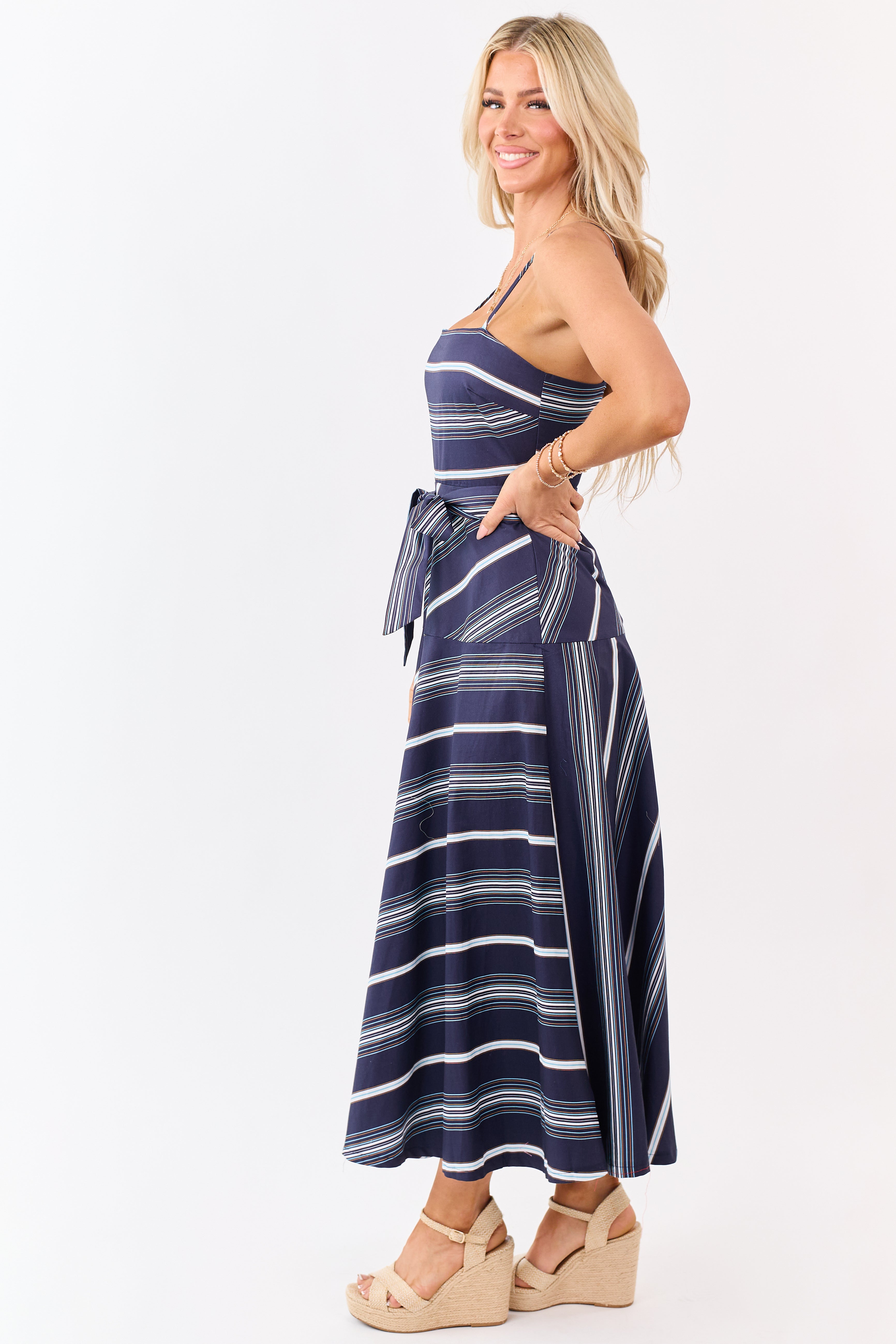 floaty midi dress in striped cotton voile Women's The Rylee Midi Dress in Cool Navy - Size 12