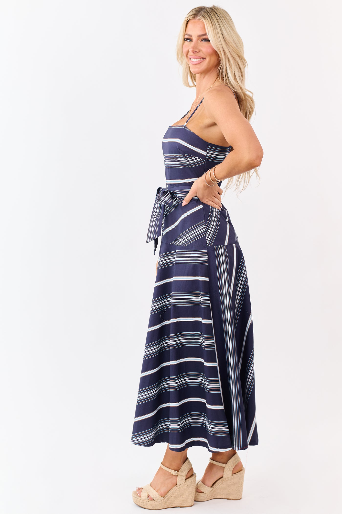 Flying Tomato Navy Striped Cotton Midi Dress