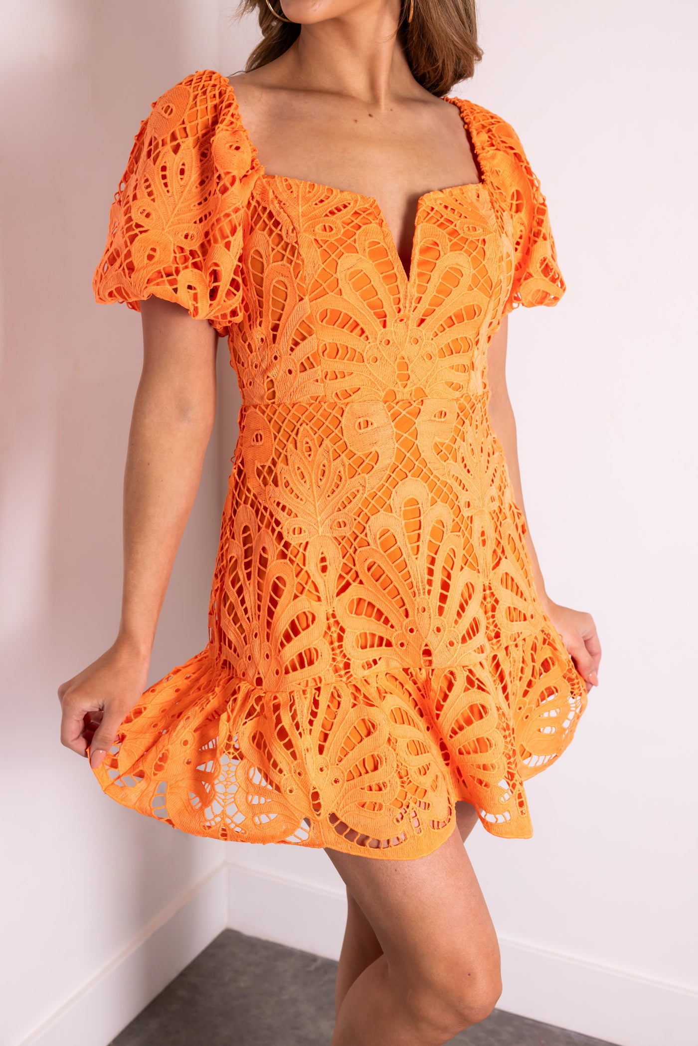 Flying Tomato Neon Orange Puff Sleeve Notch Neck Lace Dress