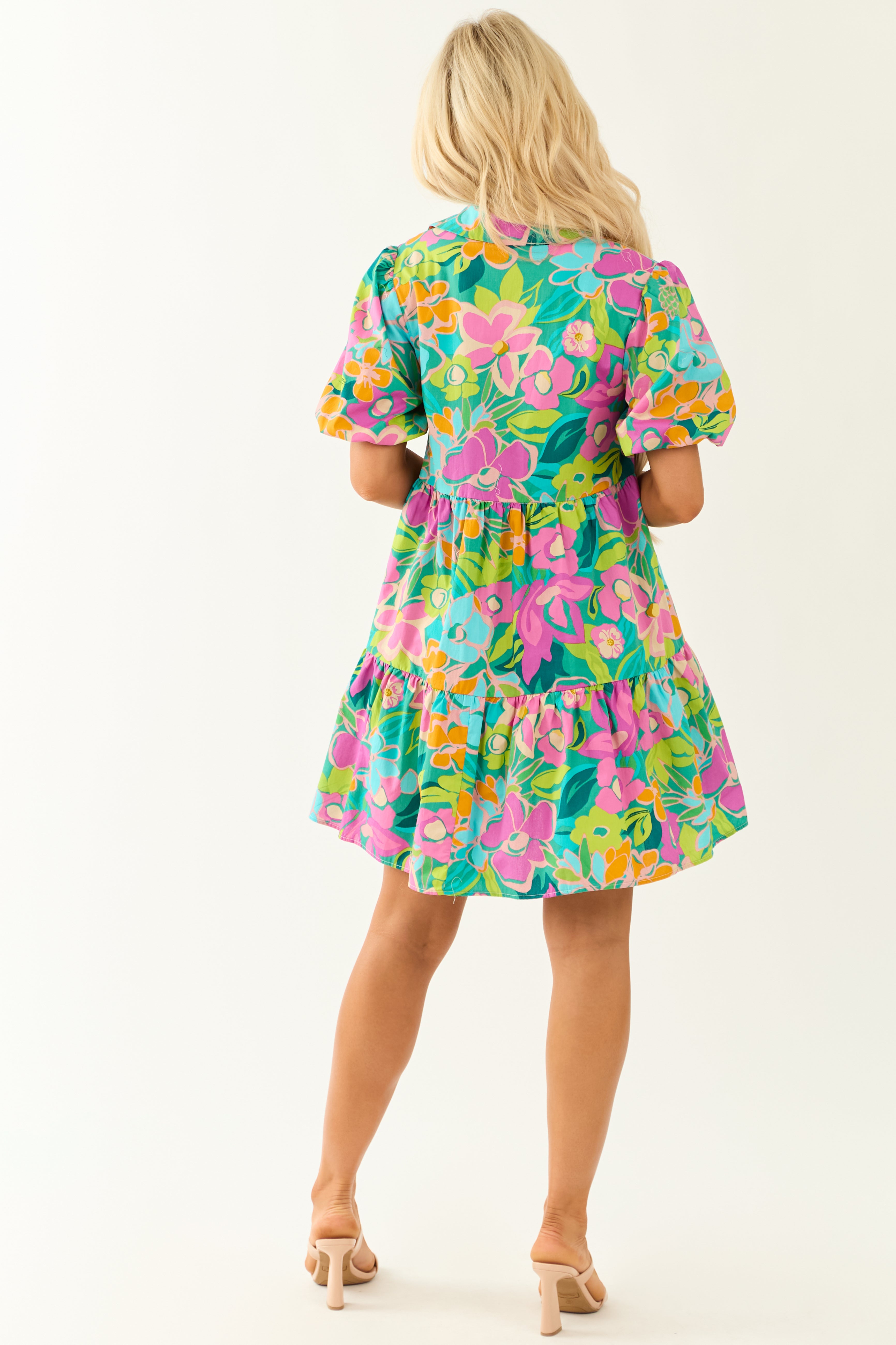 Flying Tomato Pine Floral Print Collared Short Dress