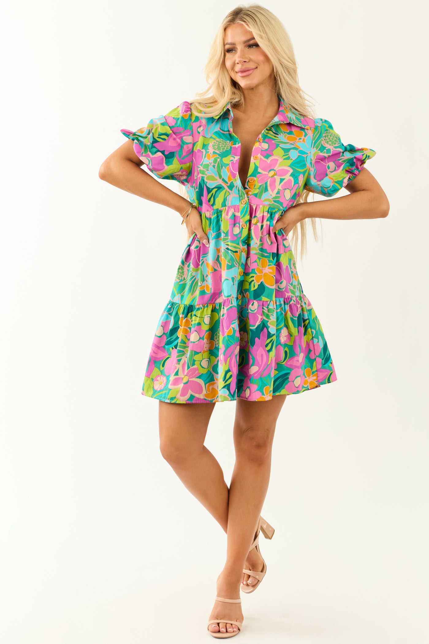 Flying Tomato Pine Floral Print Collared Short Dress