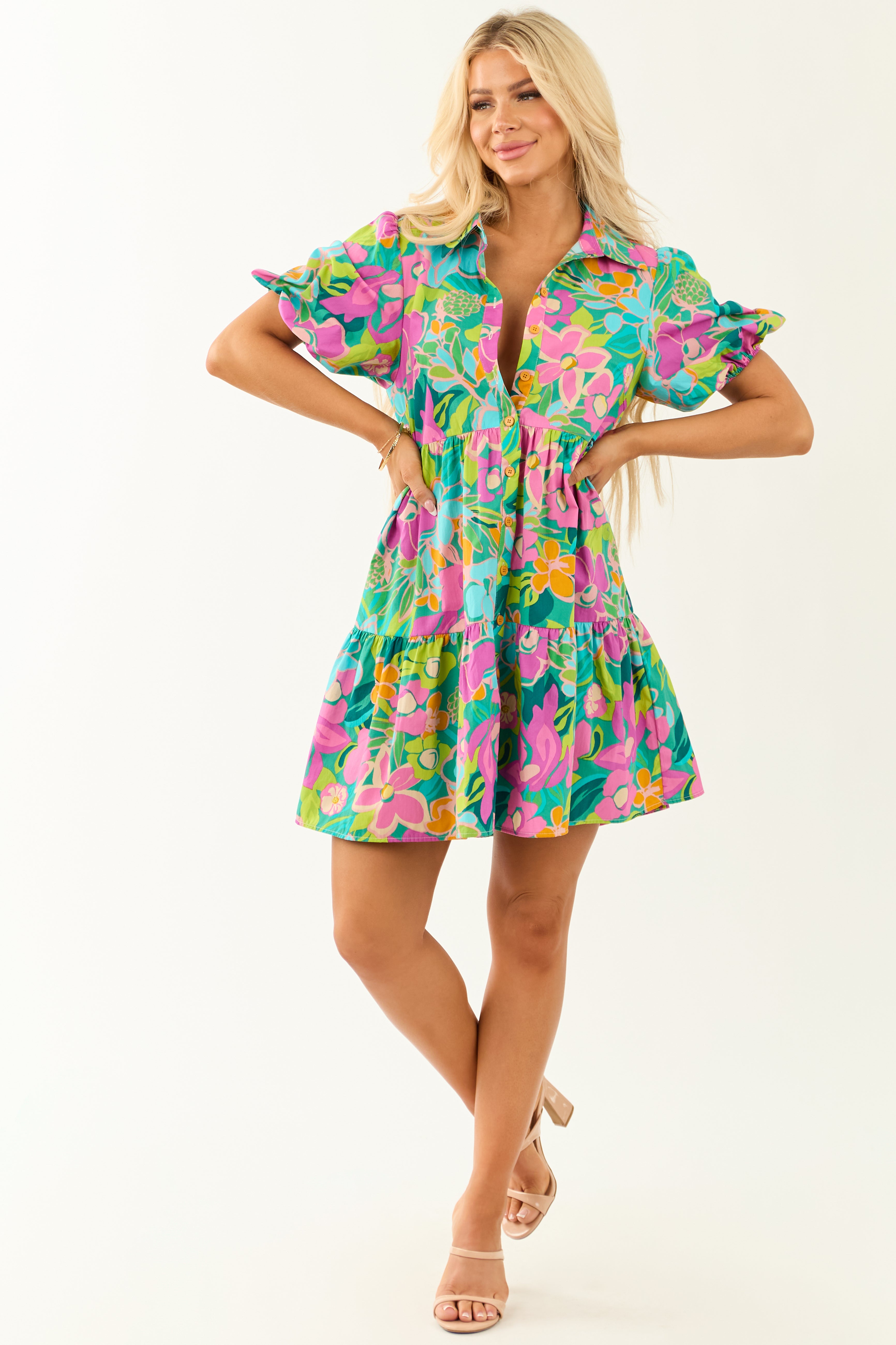Flying Tomato Pine Floral Print Collared Short Dress