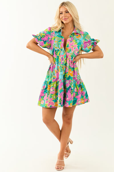 Flying Tomato Pine Floral Print Collared Short Dress
