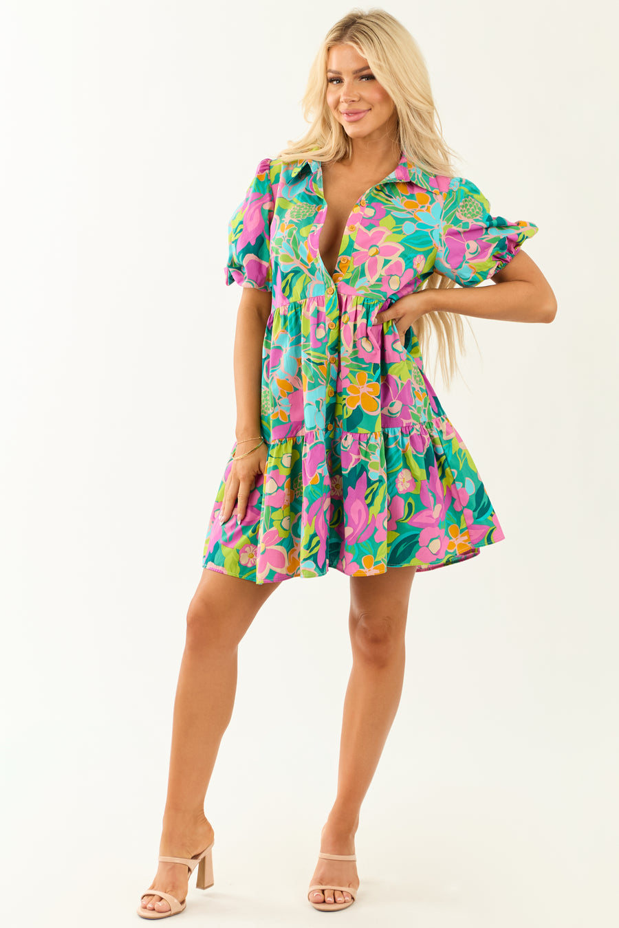 Flying Tomato Pine Floral Print Collared Short Dress