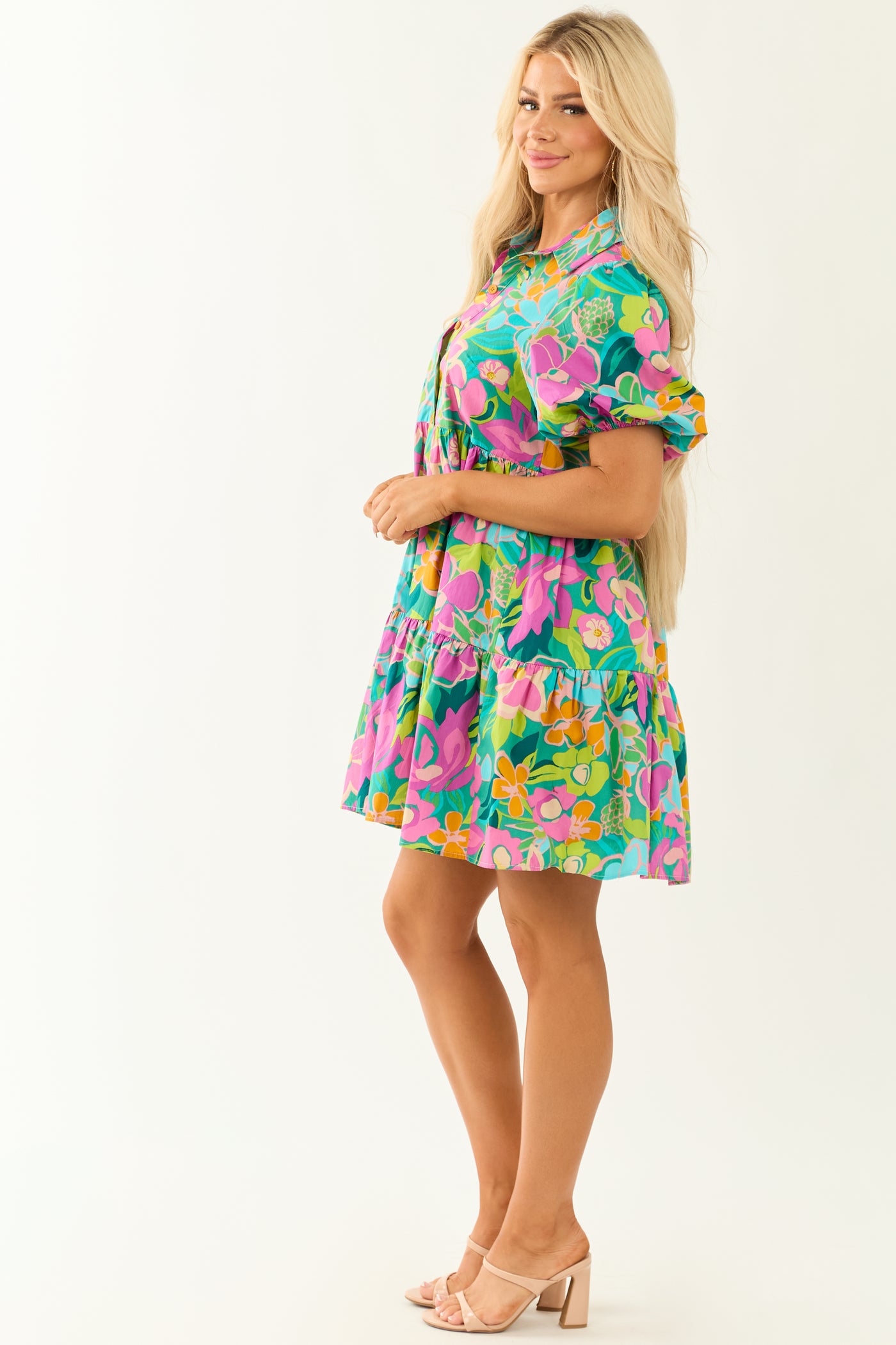 Flying Tomato Pine Floral Print Collared Short Dress