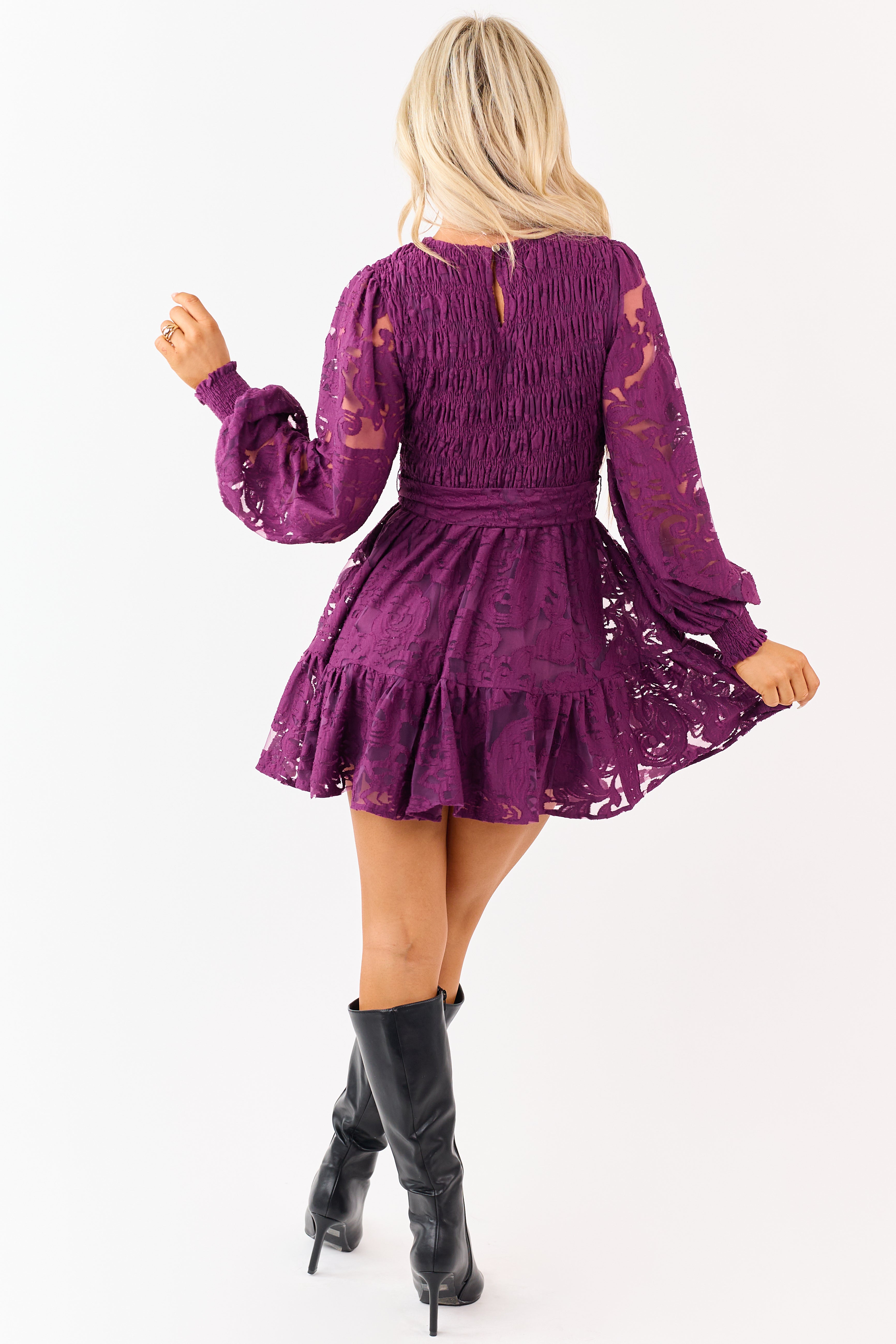 Flying Tomato Plum Floral Lace Smocked Mini Dress