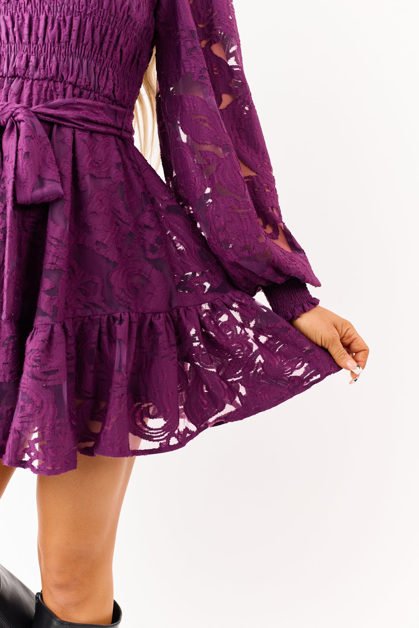 Flying Tomato Plum Floral Lace Smocked Mini Dress