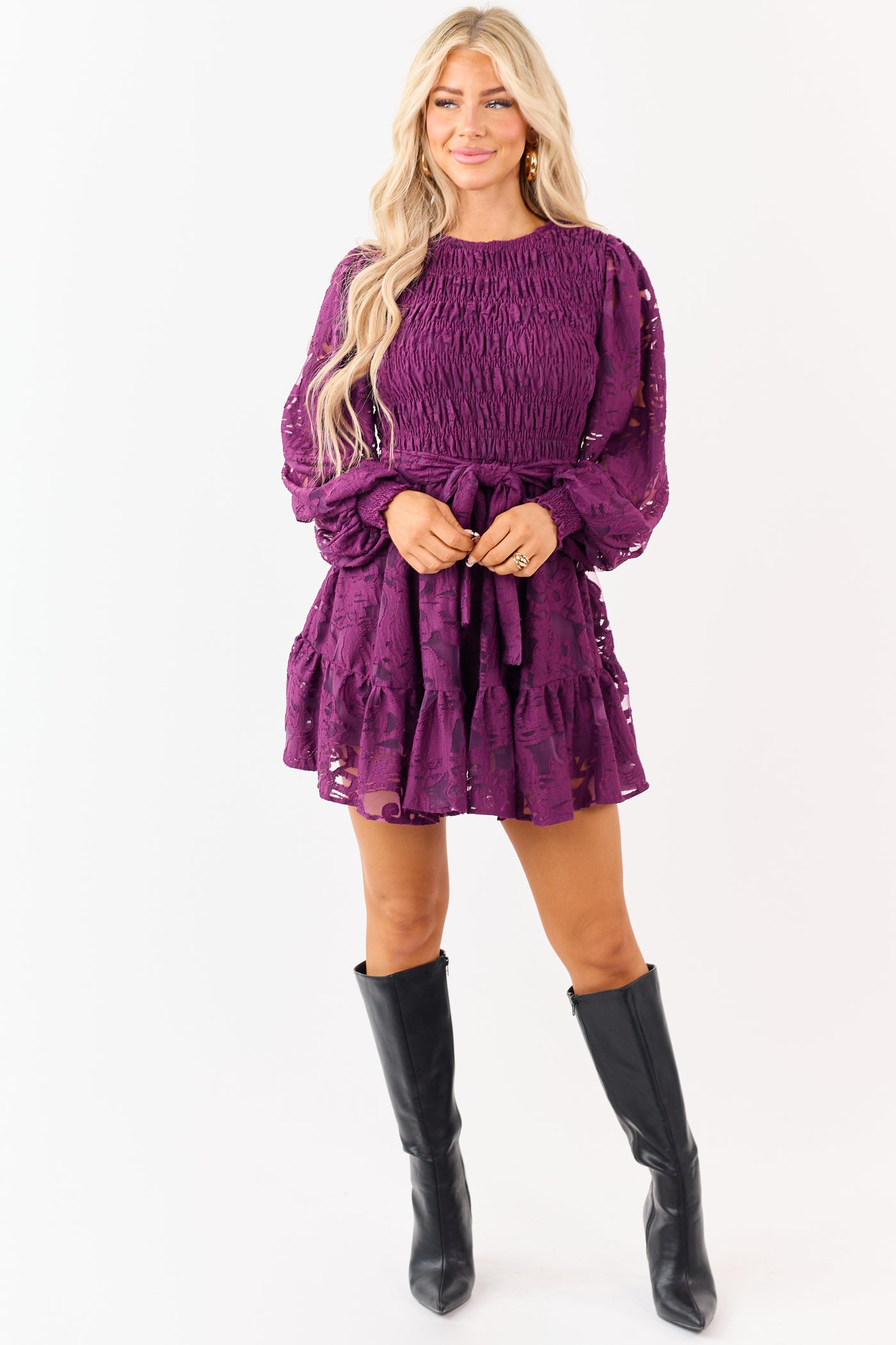 Flying Tomato Plum Floral Lace Smocked Mini Dress