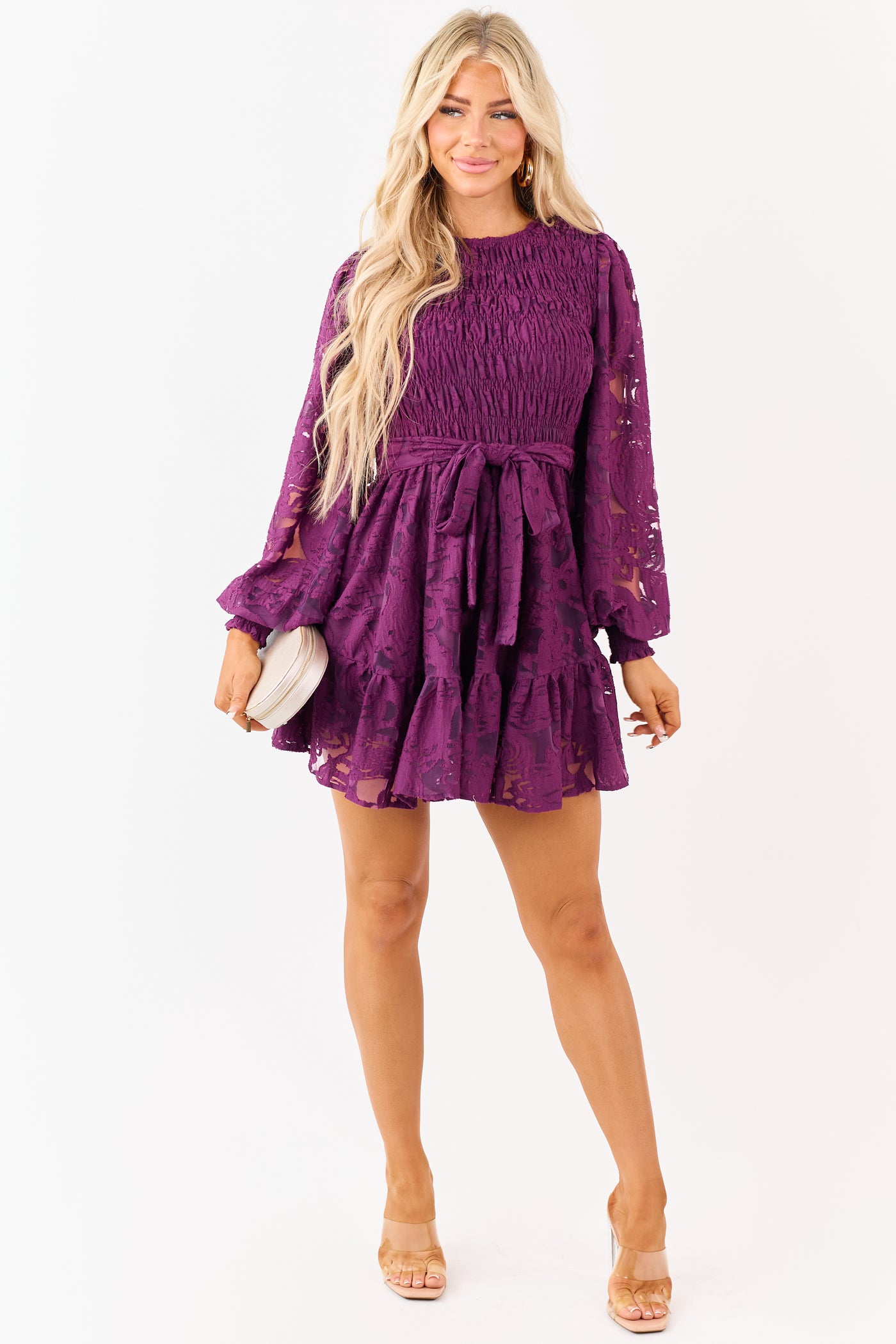 Flying Tomato Plum Floral Lace Smocked Mini Dress